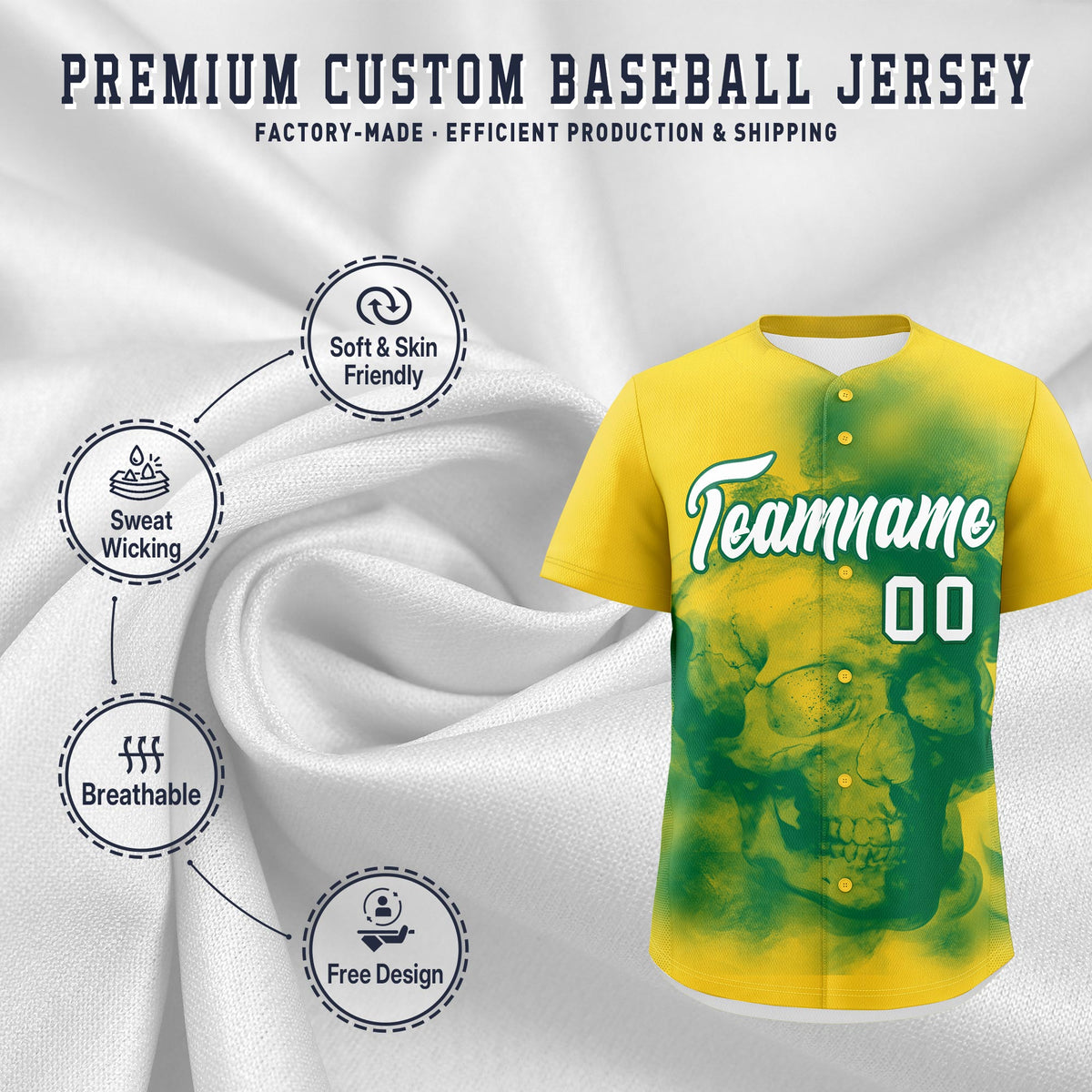 Custom Gold Kelly Green White skeleton Graffiti Pattern Lightweight Baseball Jersey| KXKSHOP