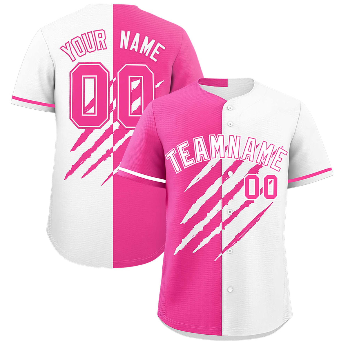Custom Pink White Split Tiger Claw Scratch Pattern Baseball Jersey