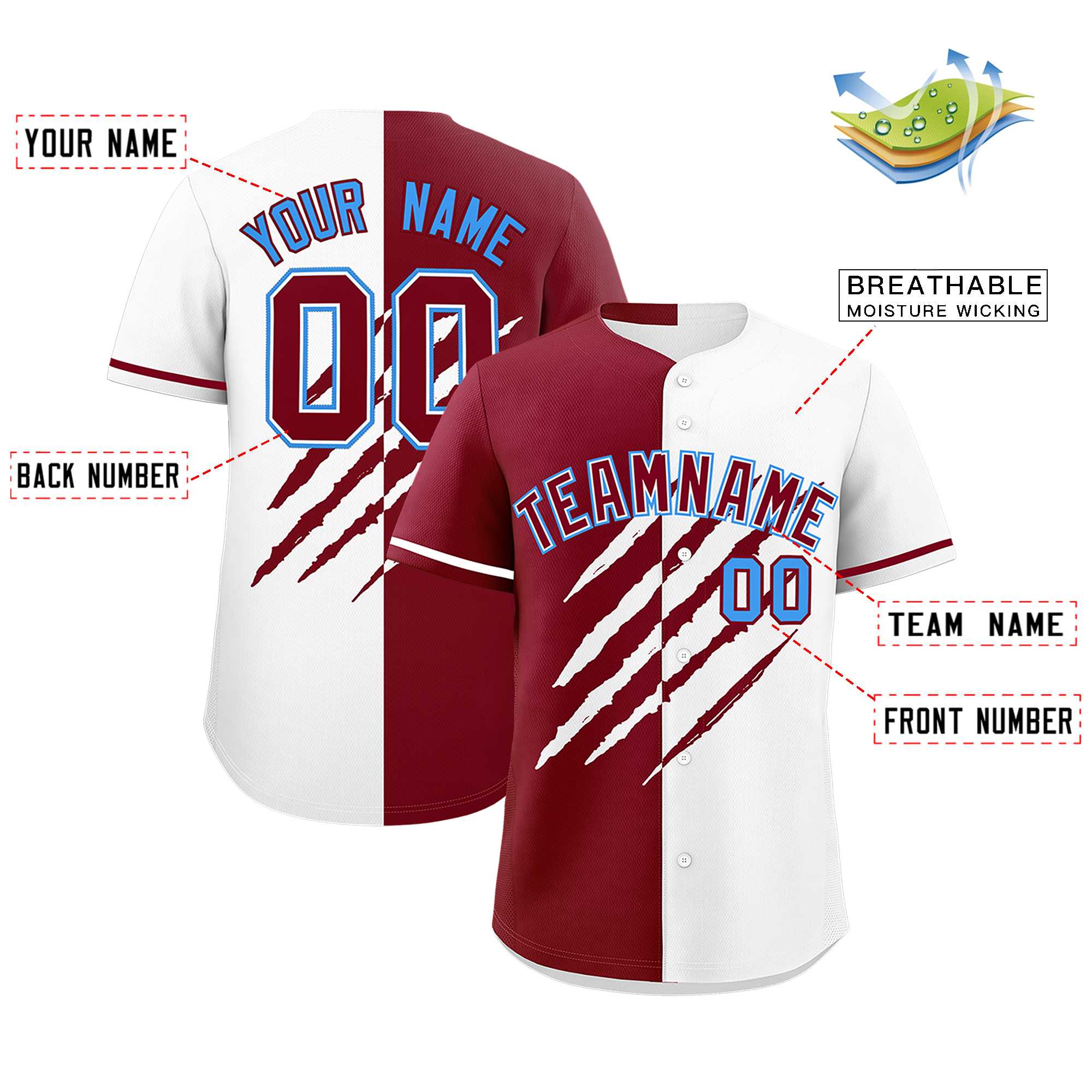 Custom Crimson White Split Tiger Claw Scratch Pattern Baseball Jersey