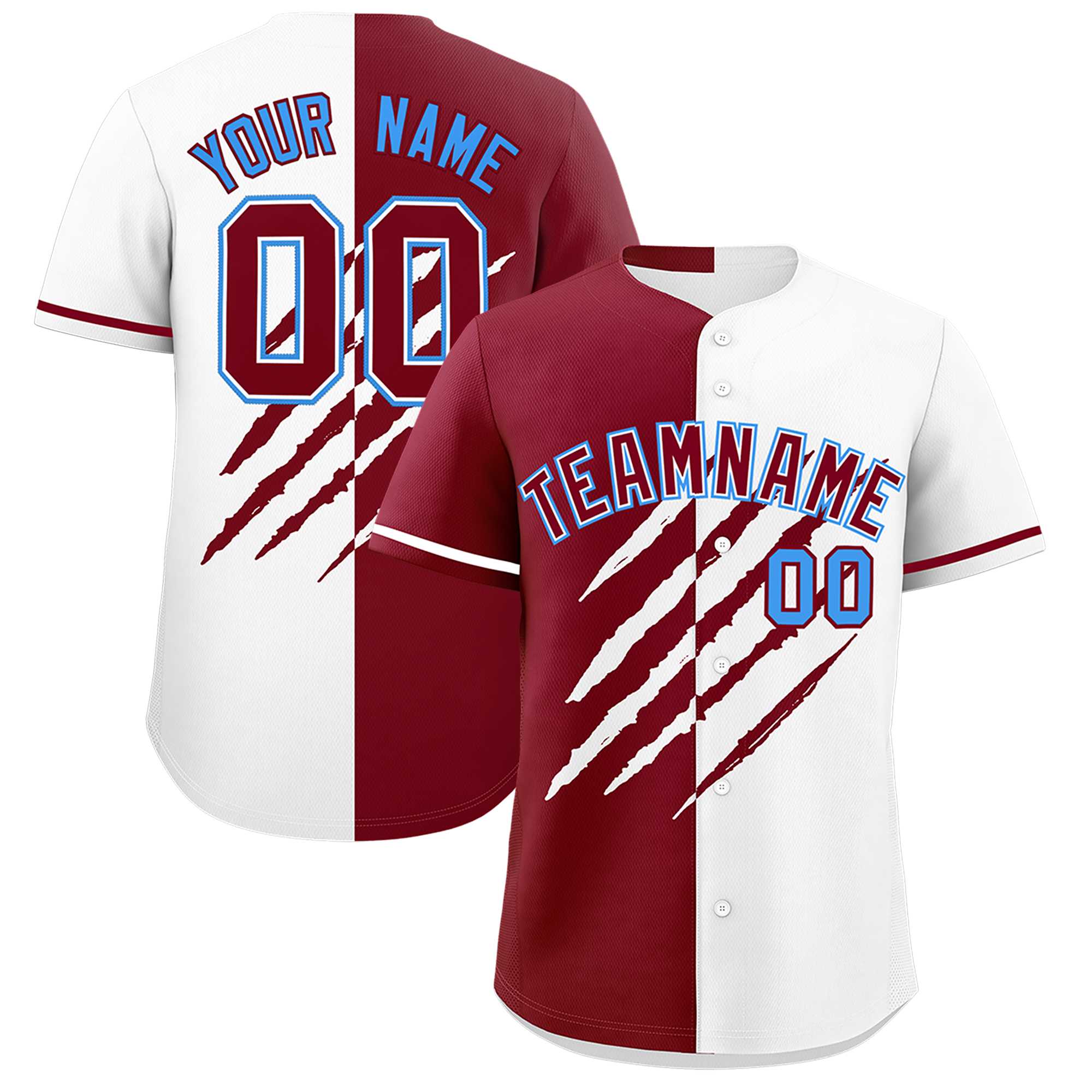 Custom Crimson White Split Tiger Claw Scratch Pattern Baseball Jersey