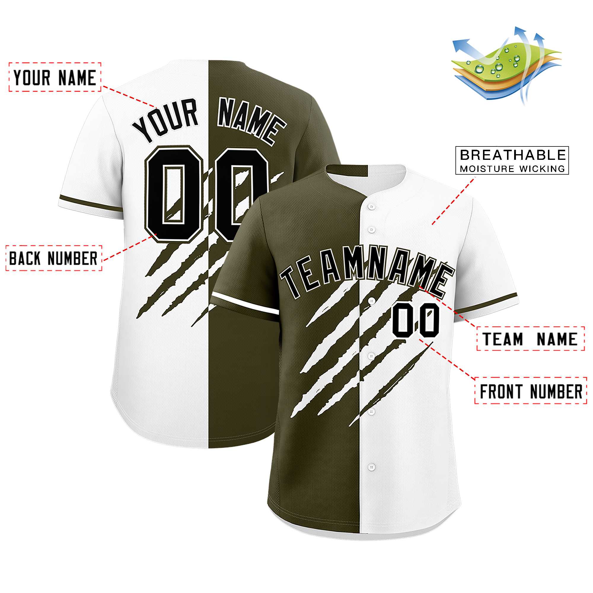Custom Olive White Split Tiger Claw Scratch Pattern Baseball Jersey