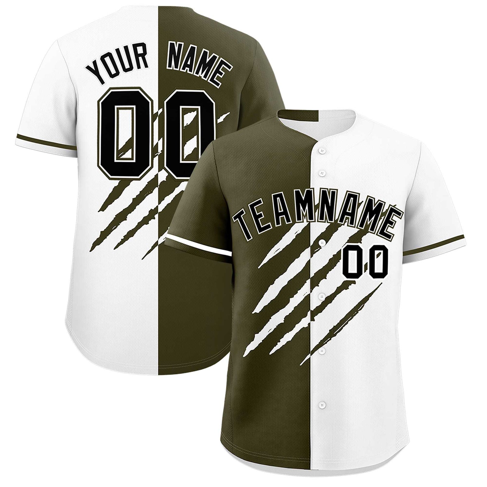 Custom Olive White Split Tiger Claw Scratch Pattern Baseball Jersey