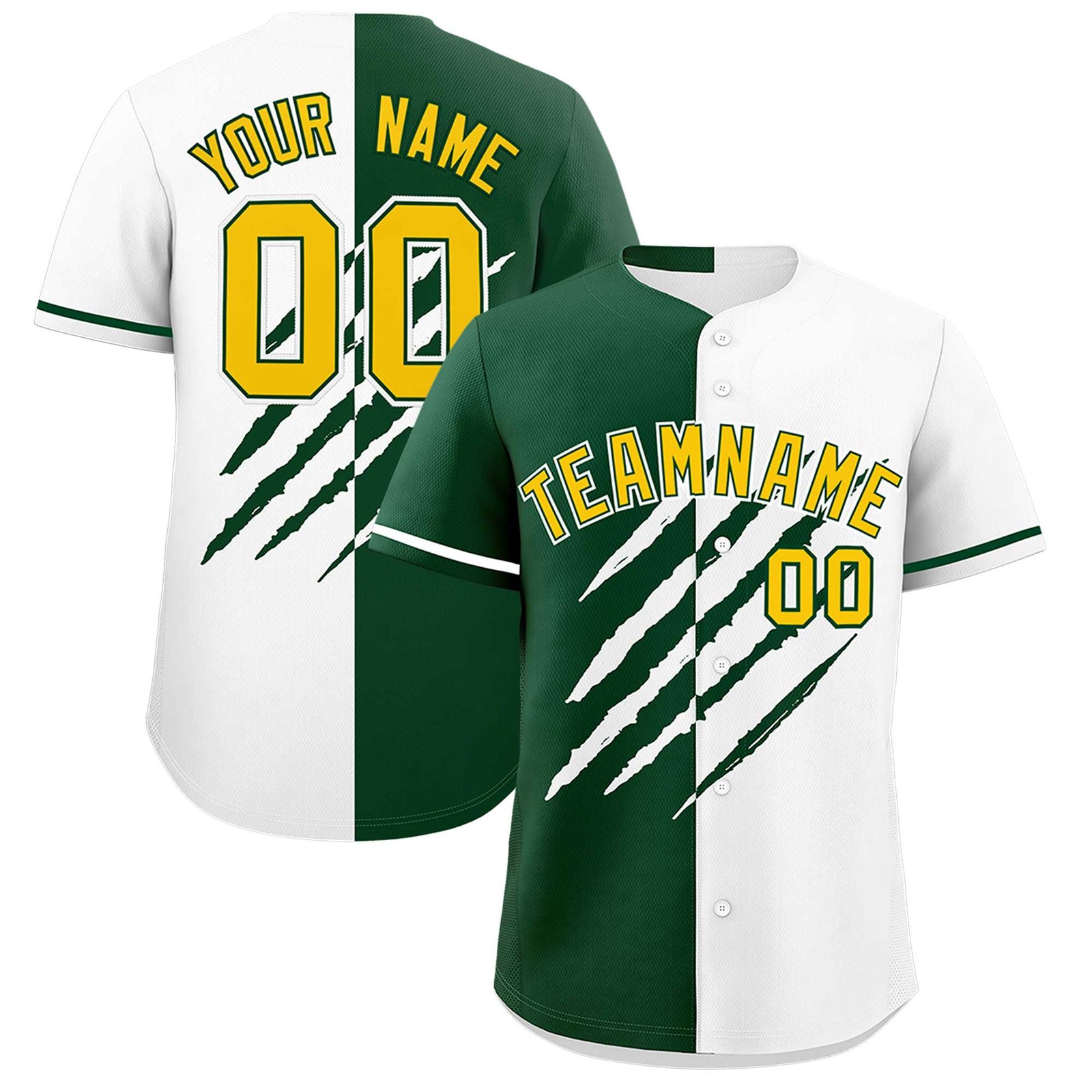 Custom Green White Split Tiger Claw Scratch Pattern Baseball Jersey