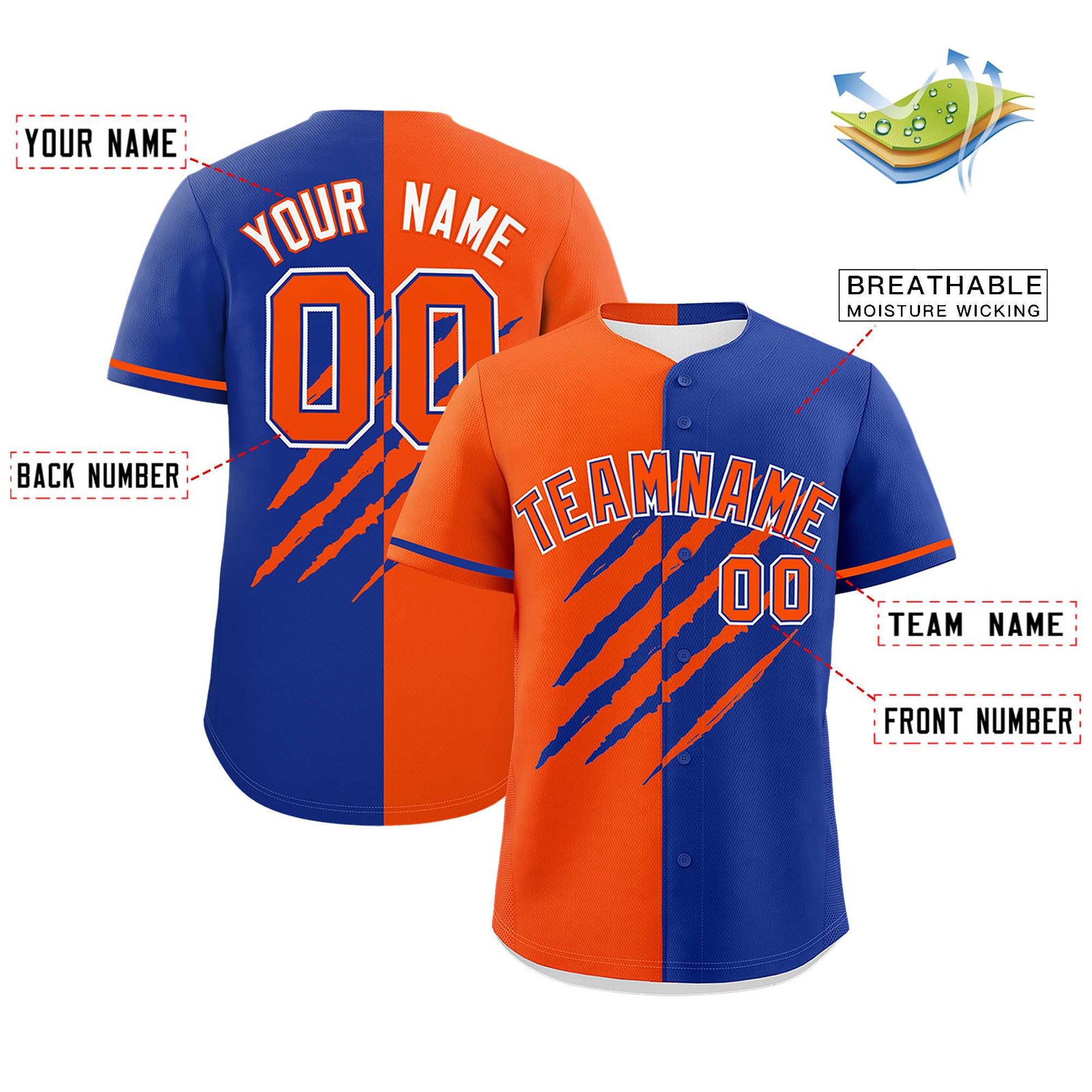 Custom Orange Royal Blue Split Tiger Claw Scratch Pattern Baseball Jersey