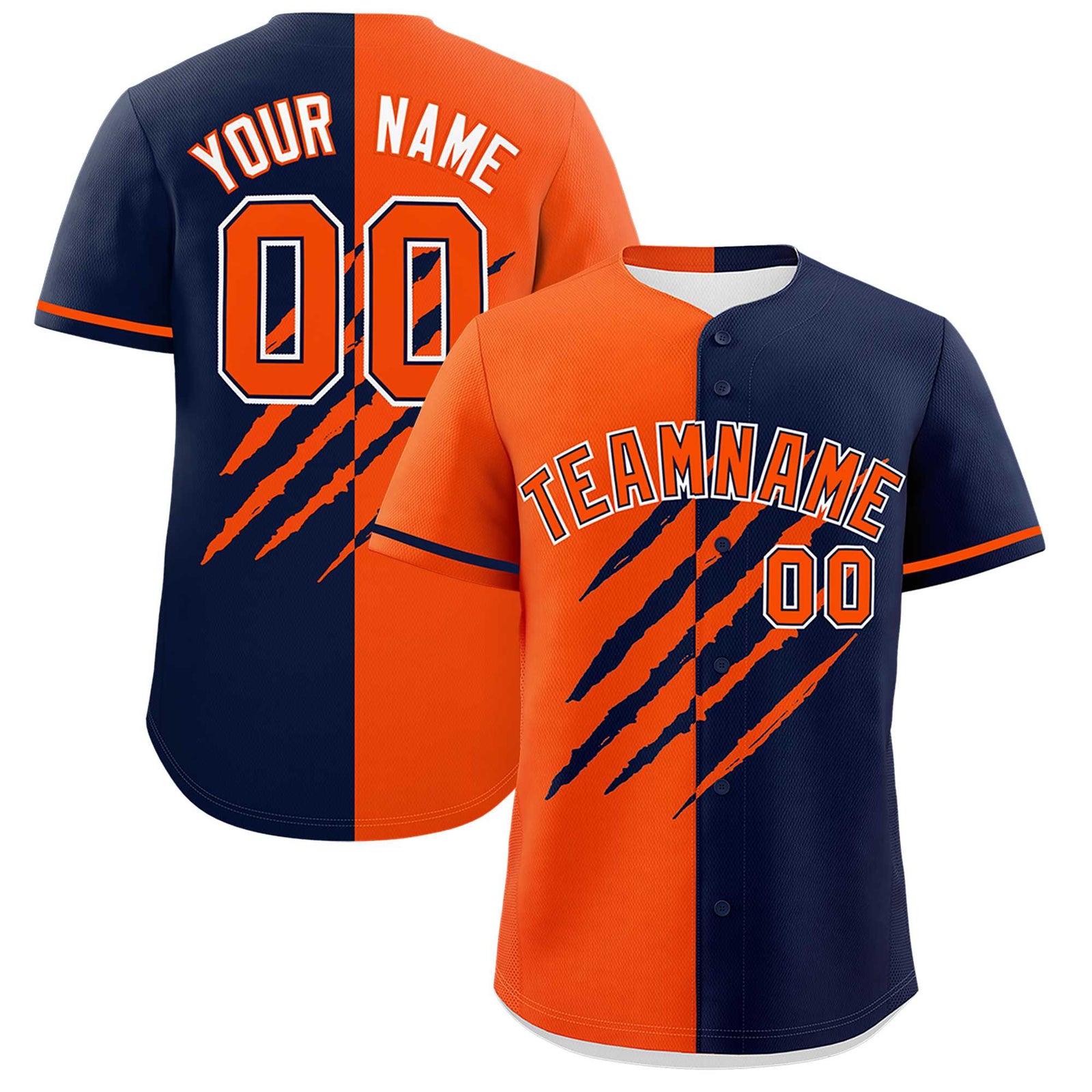 Custom Orange Navy Split Tiger Claw Scratch Pattern Baseball Jersey