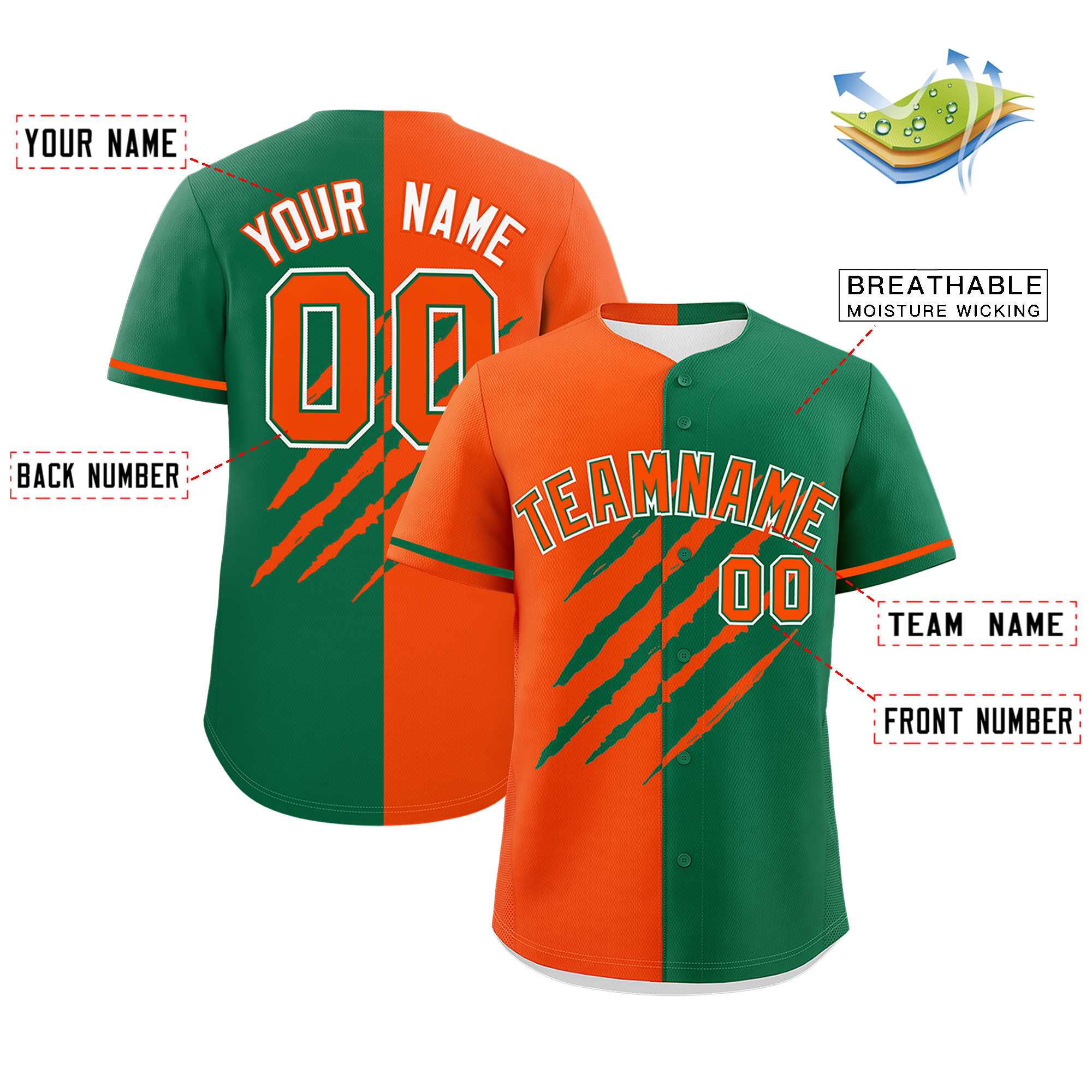 Custom Orange Kelly Green Split Tiger Claw Scratch Pattern Baseball Jersey
