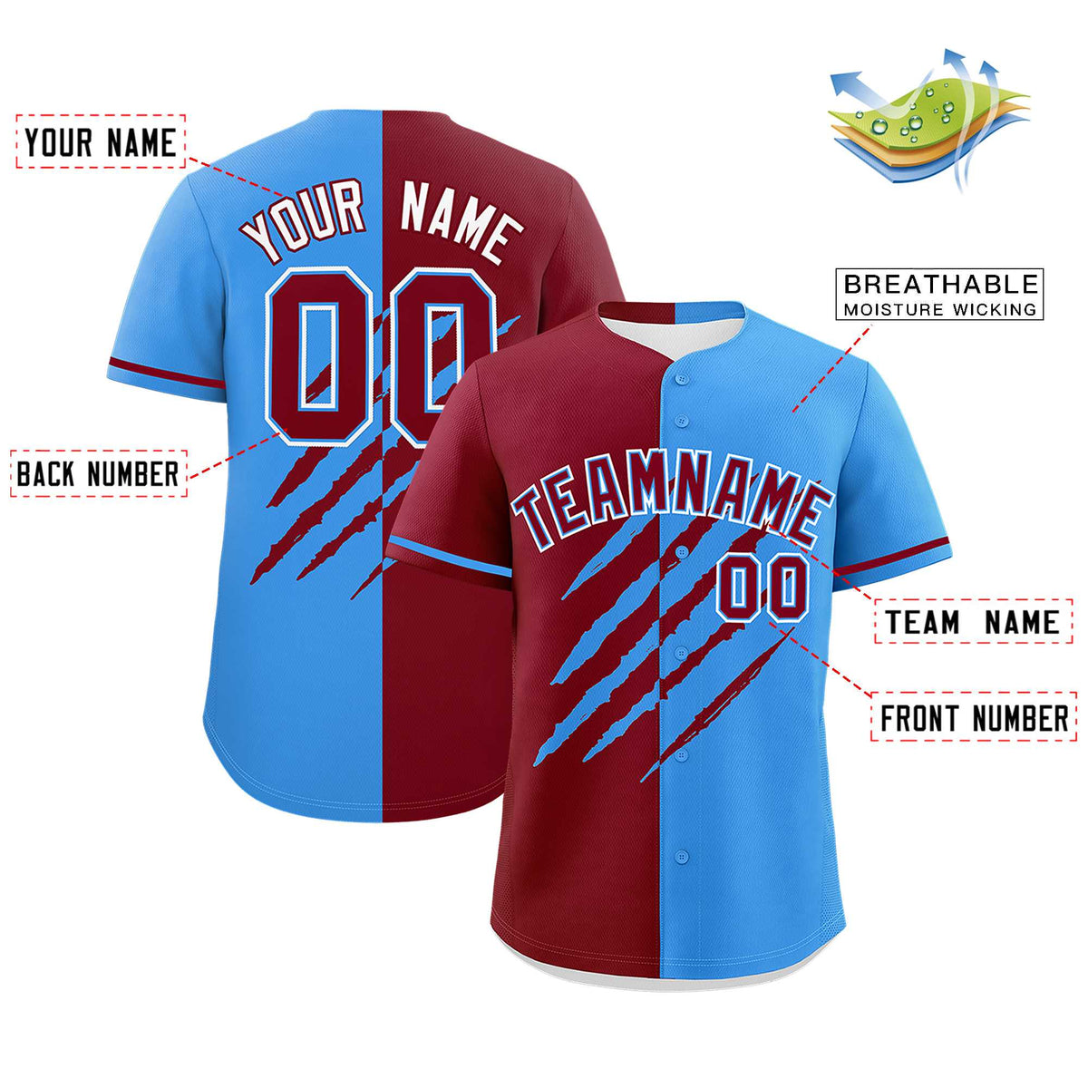 Custom Crimson Powder Blue Split Tiger Claw Scratch Pattern Baseball Jersey