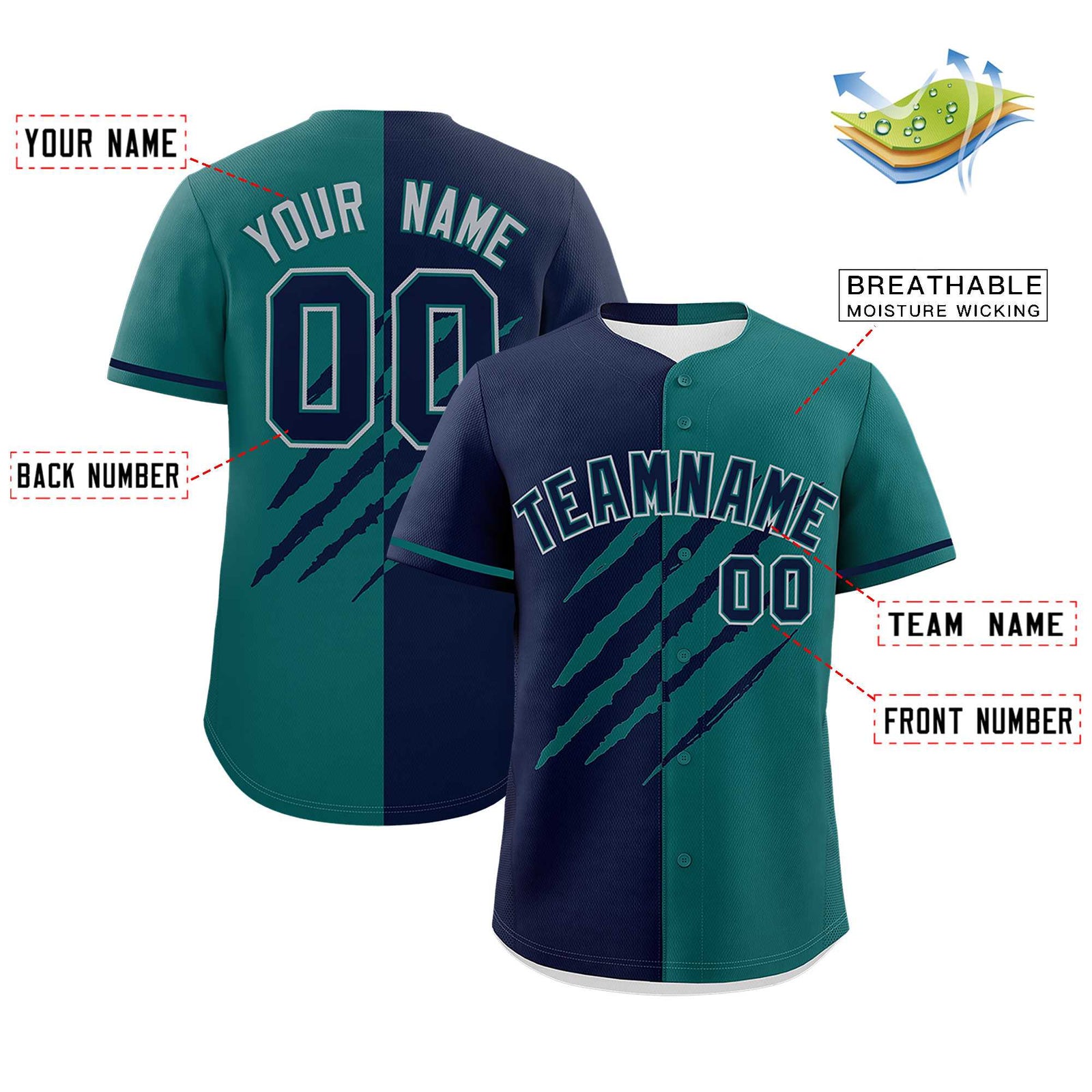 Custom Navy Teal Split Tiger Claw Scratch Pattern Baseball Jersey