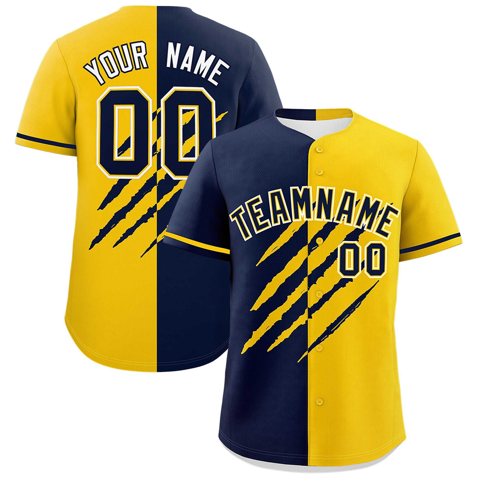 Custom Navy Gold Split Tiger Claw Scratch Pattern Baseball Jersey