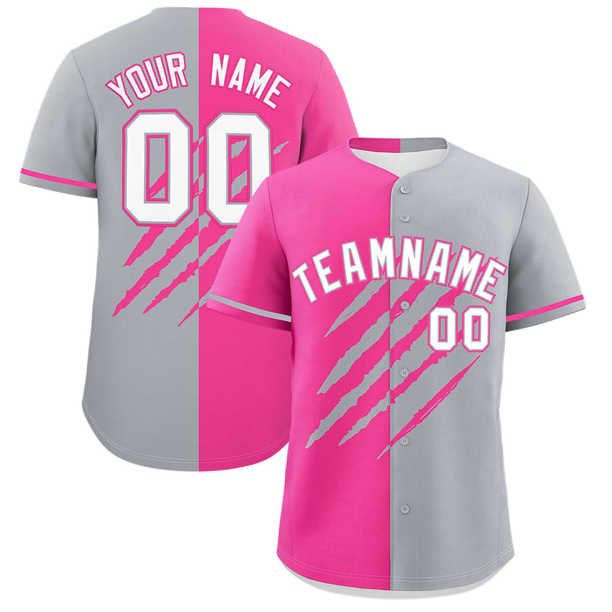 Custom Pink Gray Split Tiger Claw Scratch Pattern Baseball Jersey