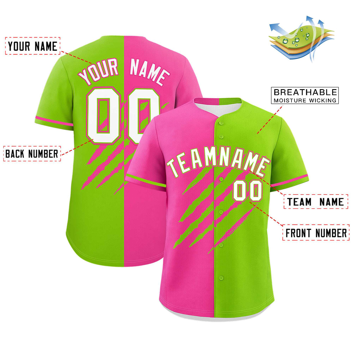 Custom Pink Neon Green Split Tiger Claw Scratch Pattern Baseball Jersey