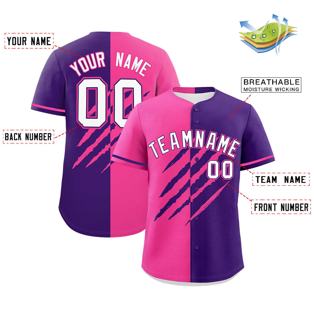 Custom Pink Purple Split Tiger Claw Scratch Pattern Baseball Jersey