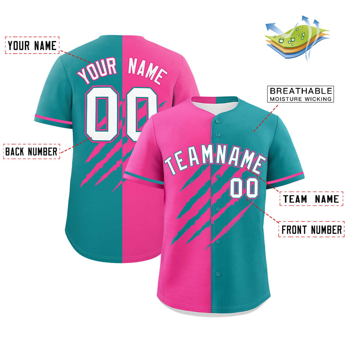 Custom Pink Aqua Split Tiger Claw Scratch Pattern Baseball Jersey