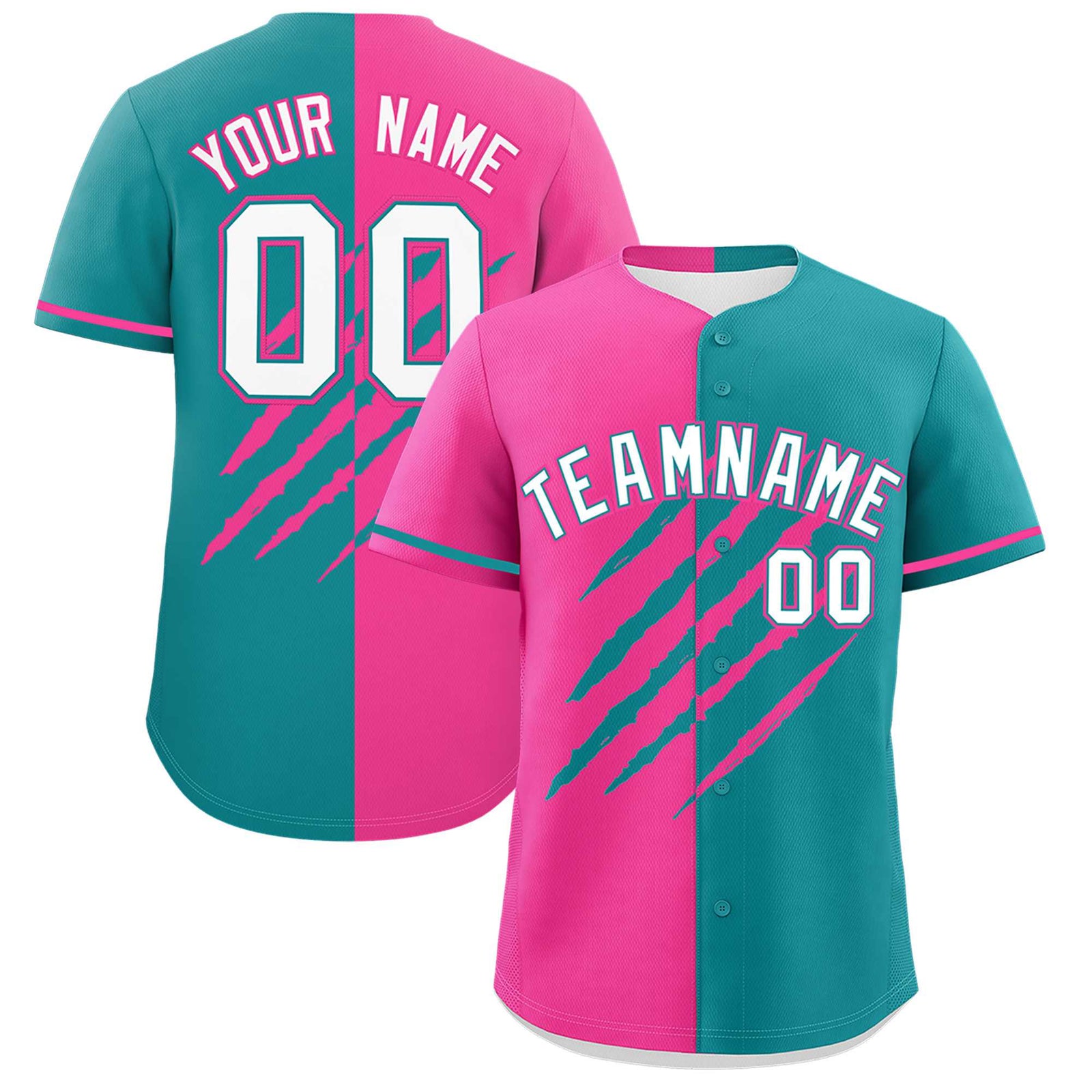 Custom Pink Aqua Split Tiger Claw Scratch Pattern Baseball Jersey