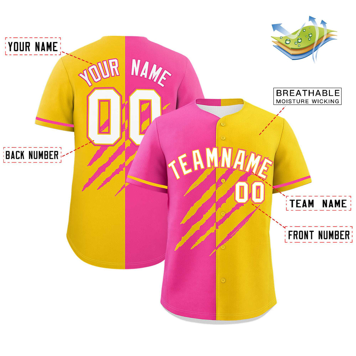 Custom Pink Gold Split Tiger Claw Scratch Pattern Baseball Jersey