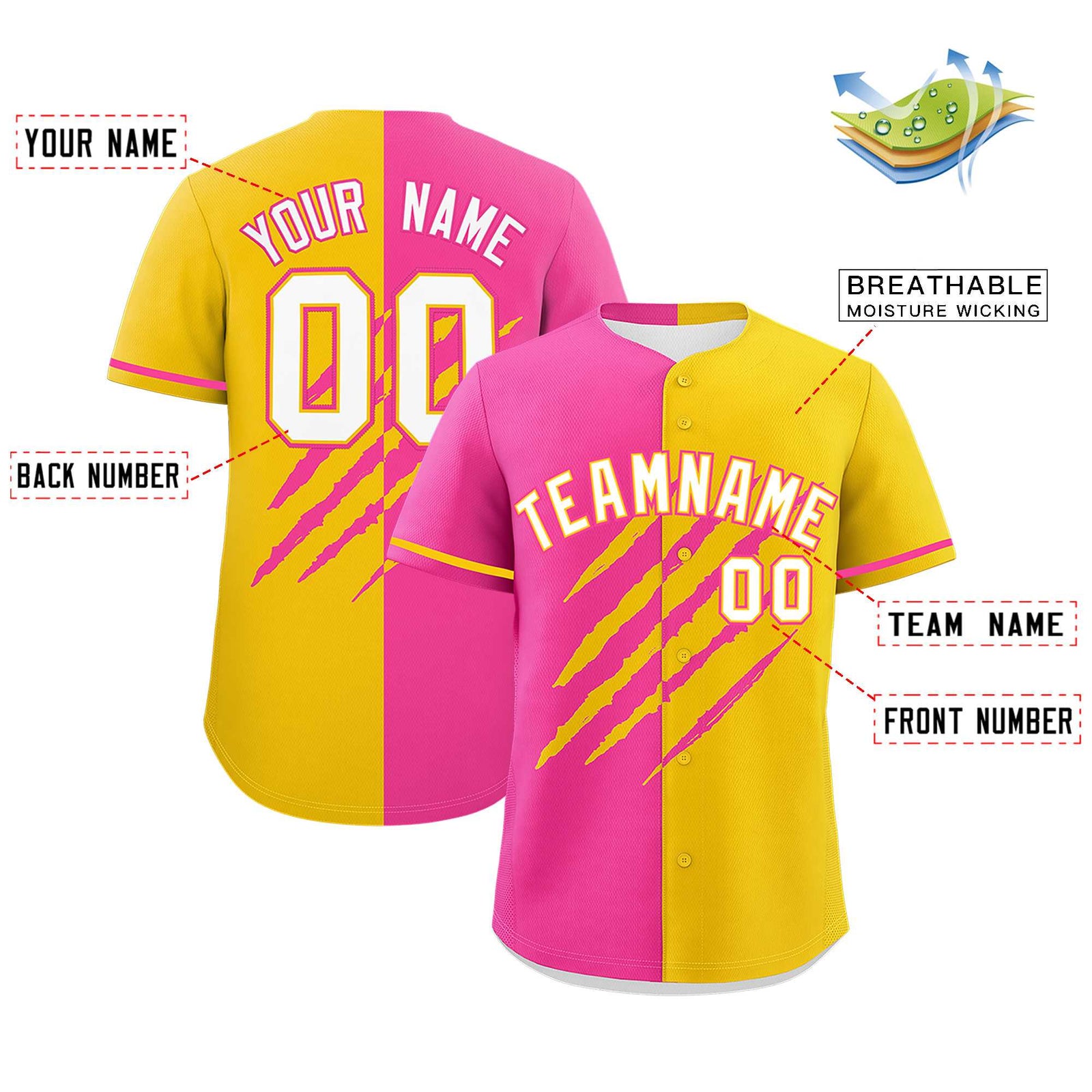 Custom Pink Gold Split Tiger Claw Scratch Pattern Baseball Jersey