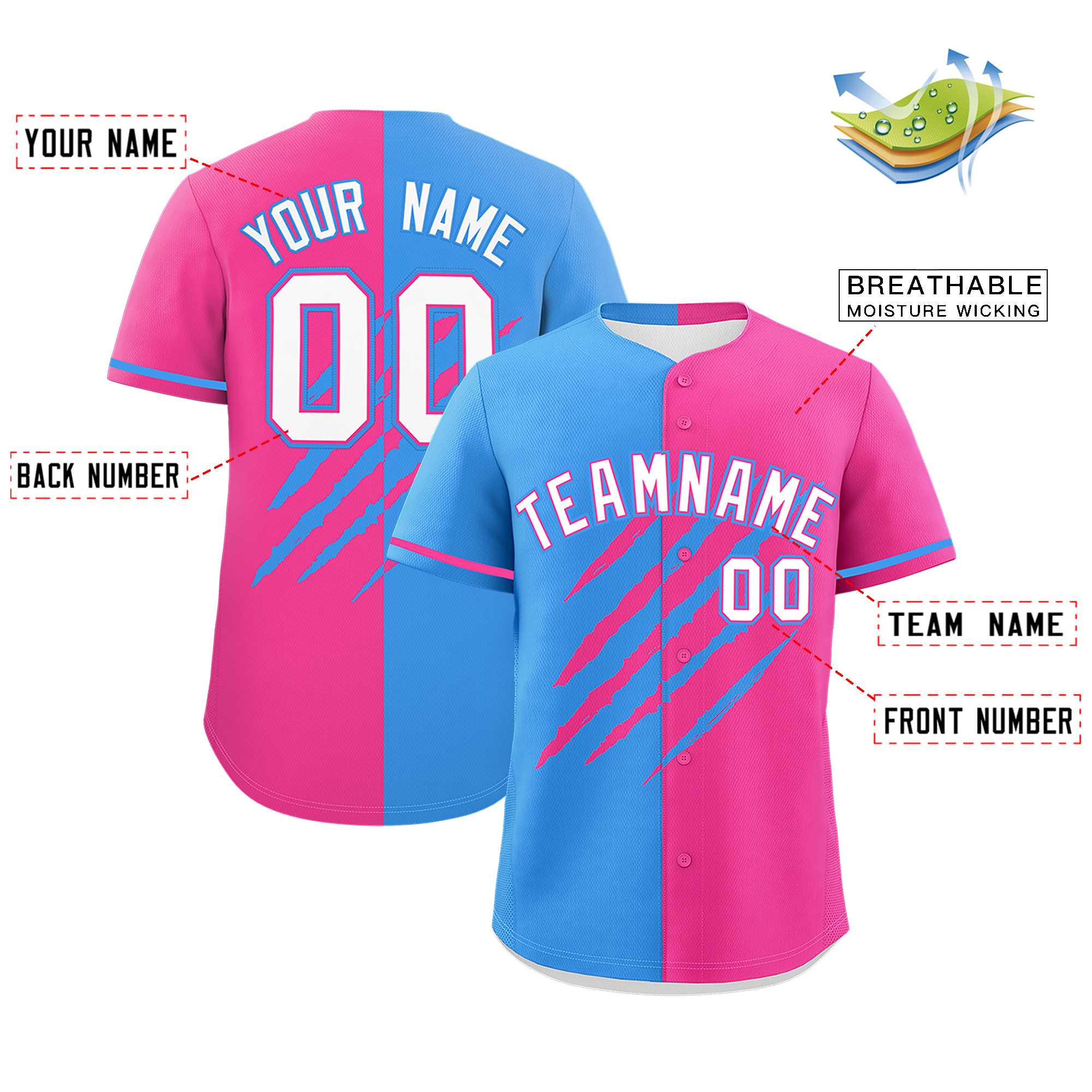 Custom Powder Blue Pink Split Tiger Claw Scratch Pattern Baseball Jersey
