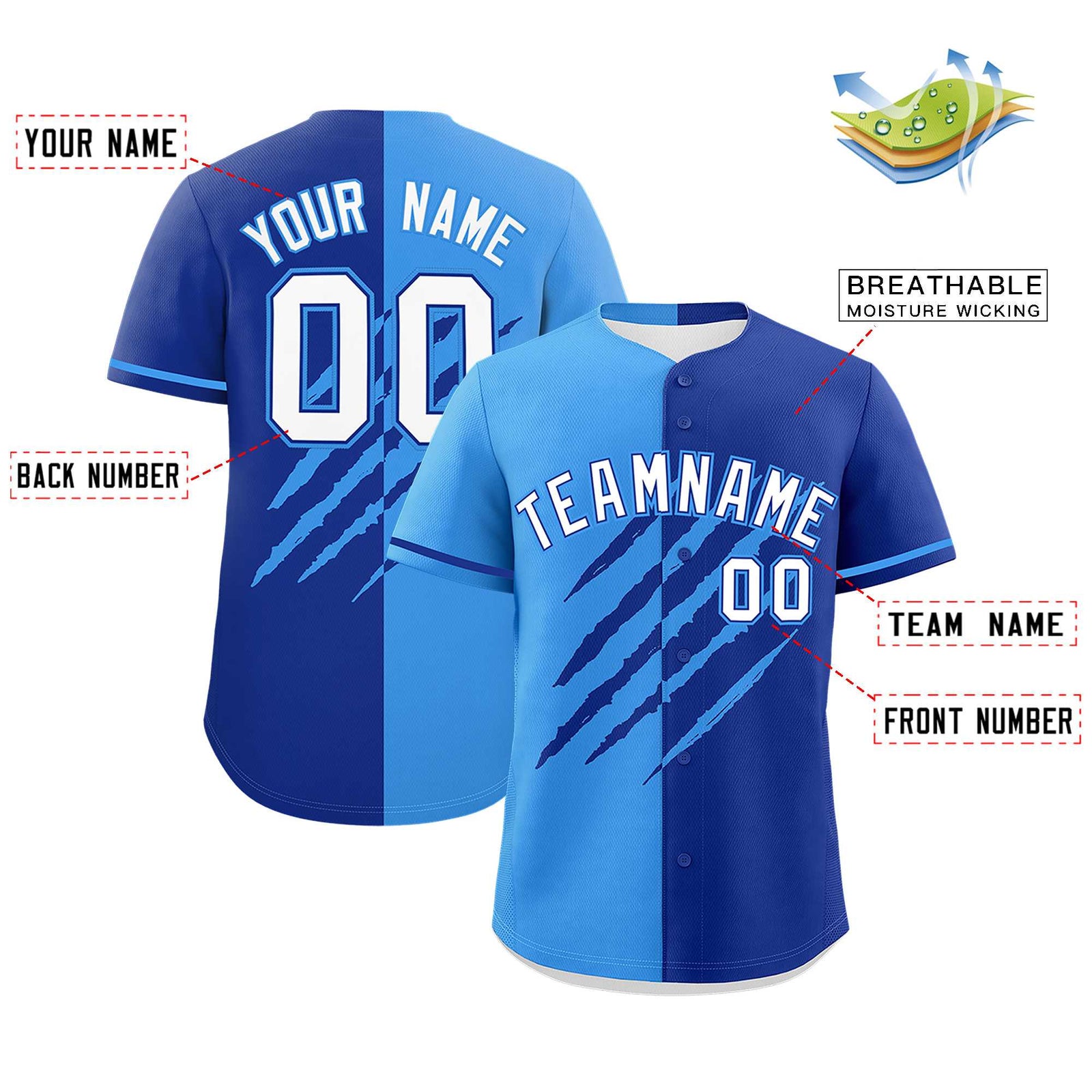 Custom Powder Blue Royal Blue Split Tiger Claw Scratch Pattern Baseball Jersey
