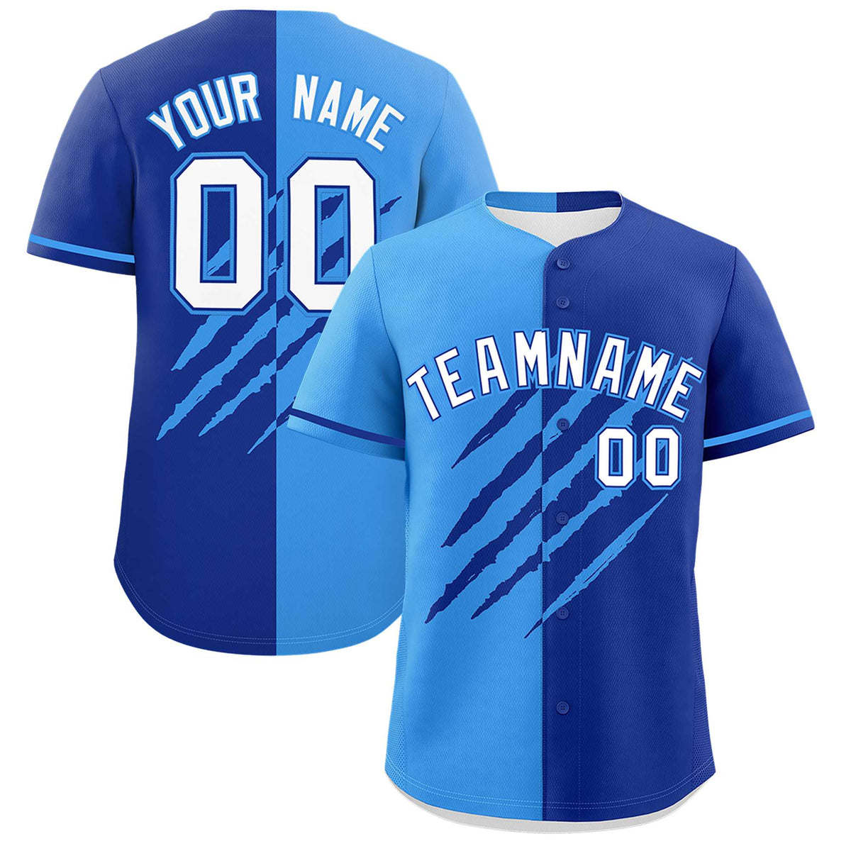 Custom Powder Blue Royal Blue Split Tiger Claw Scratch Pattern Baseball Jersey