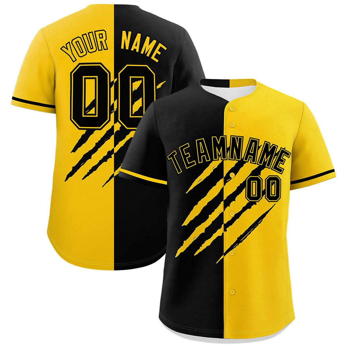 Custom Black Gold Split Tiger Claw Scratch Pattern Baseball Jersey