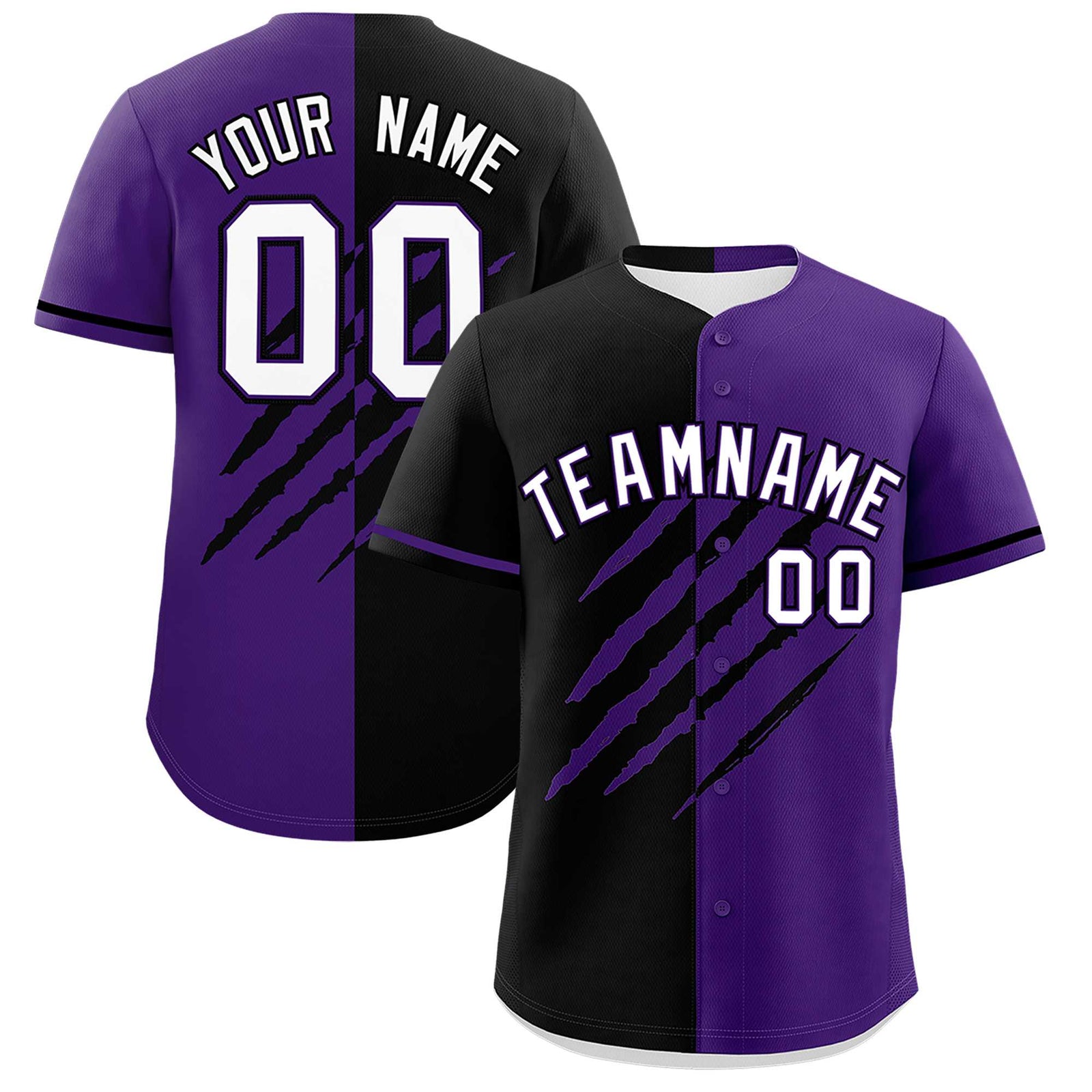 Custom Black Purple Split Tiger Claw Scratch Pattern Baseball Jersey