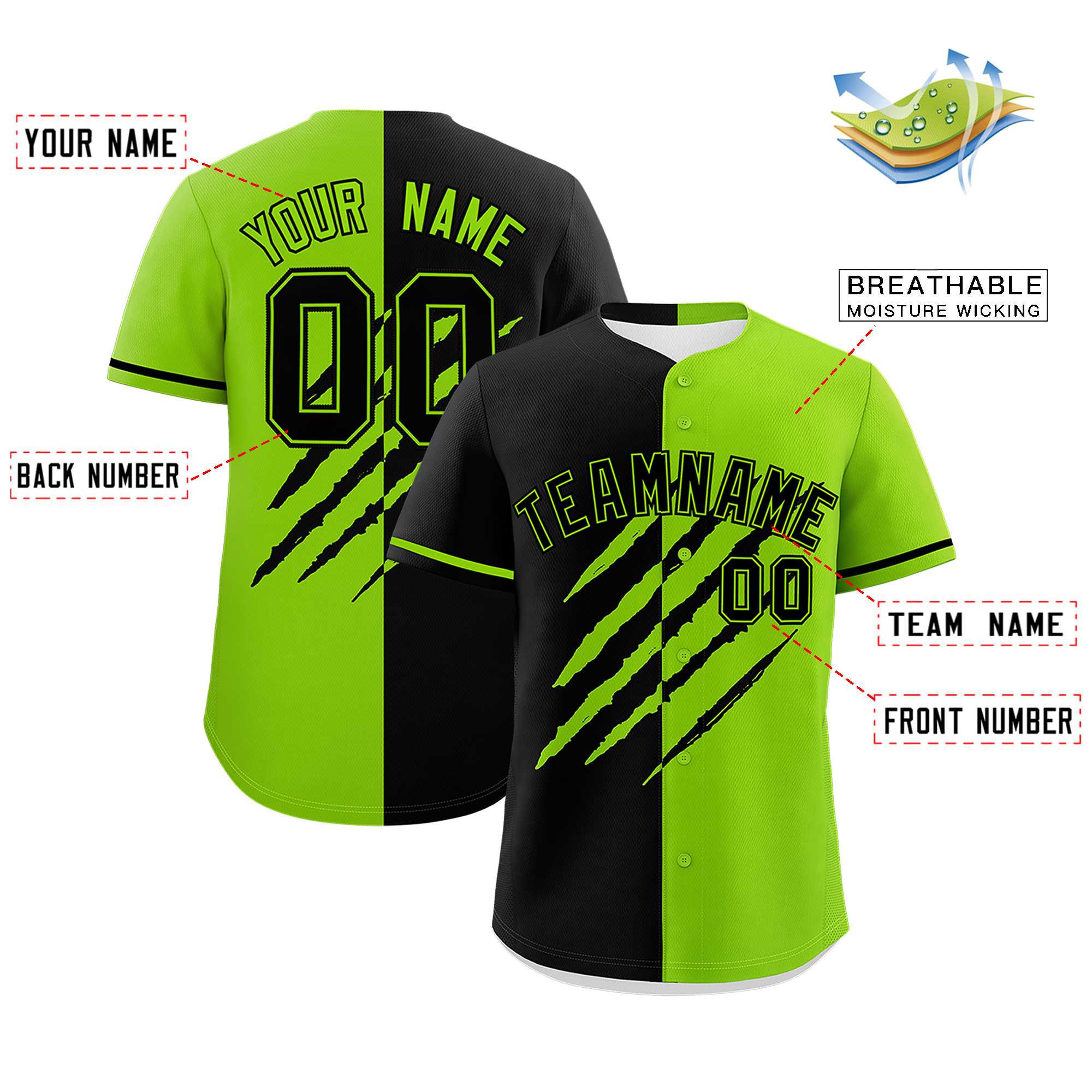 Custom Black Neon Green Split Tiger Claw Scratch Pattern Baseball Jersey