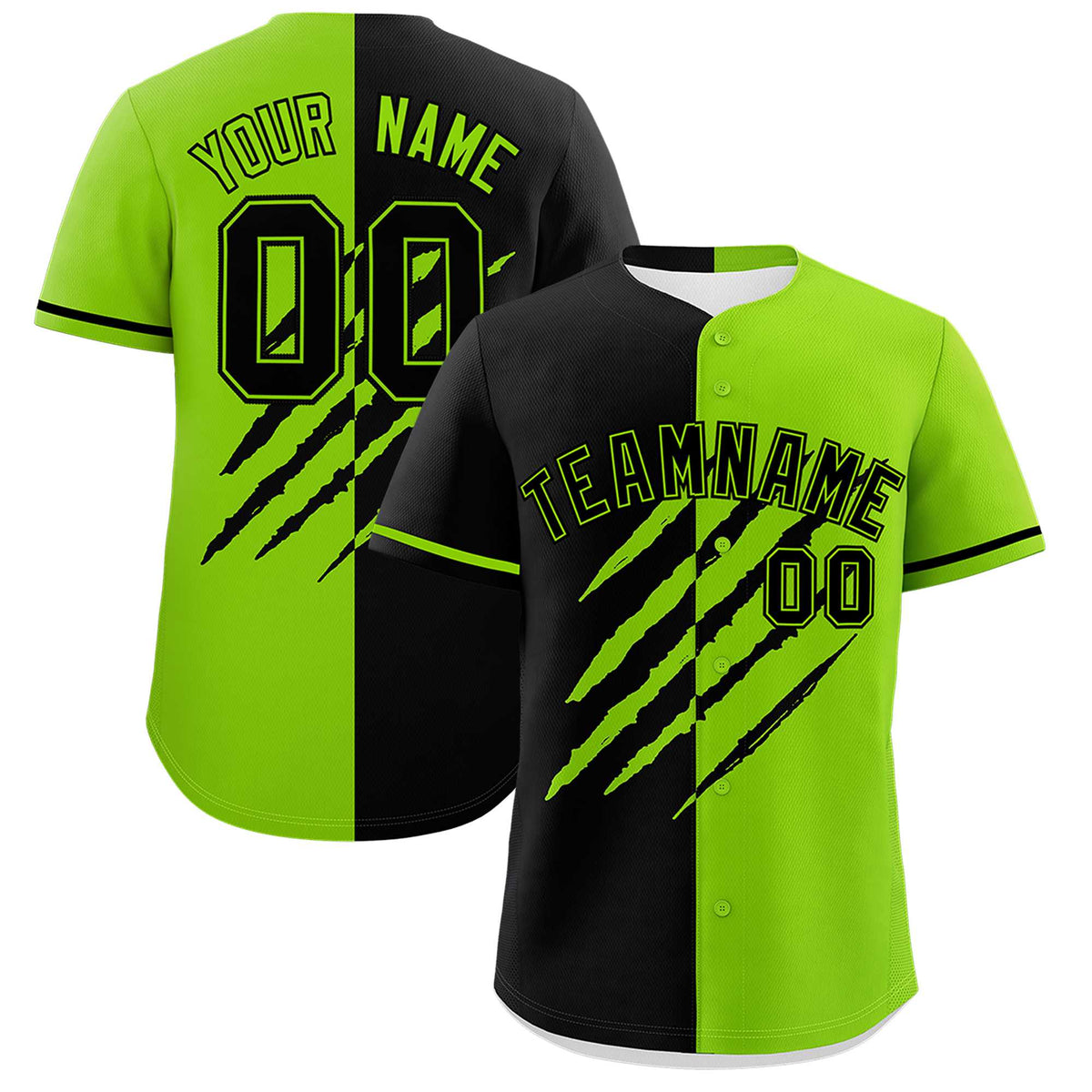 Custom Black Neon Green Split Tiger Claw Scratch Pattern Baseball Jersey