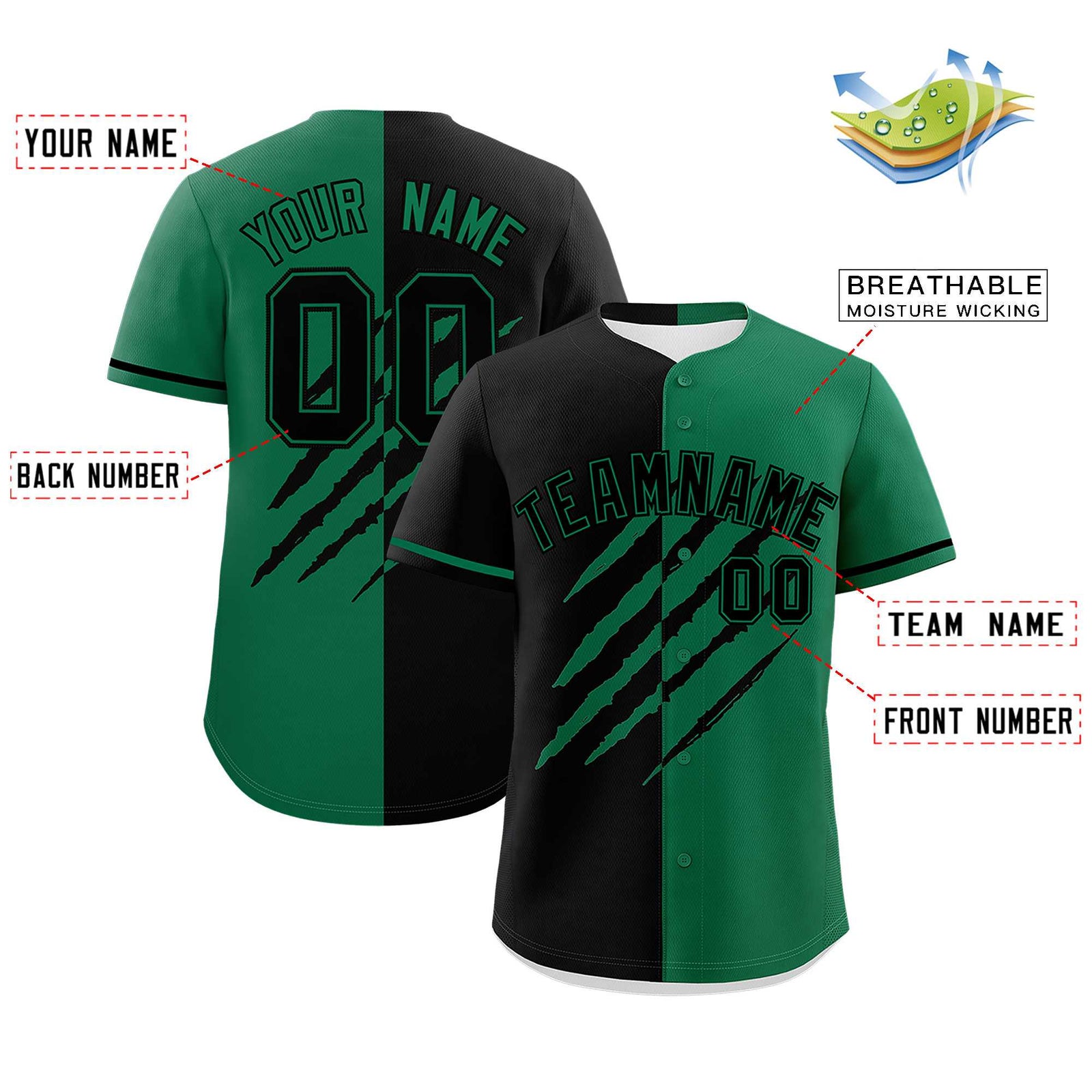 Custom Black Kelly Green Split Tiger Claw Scratch Pattern Baseball Jersey
