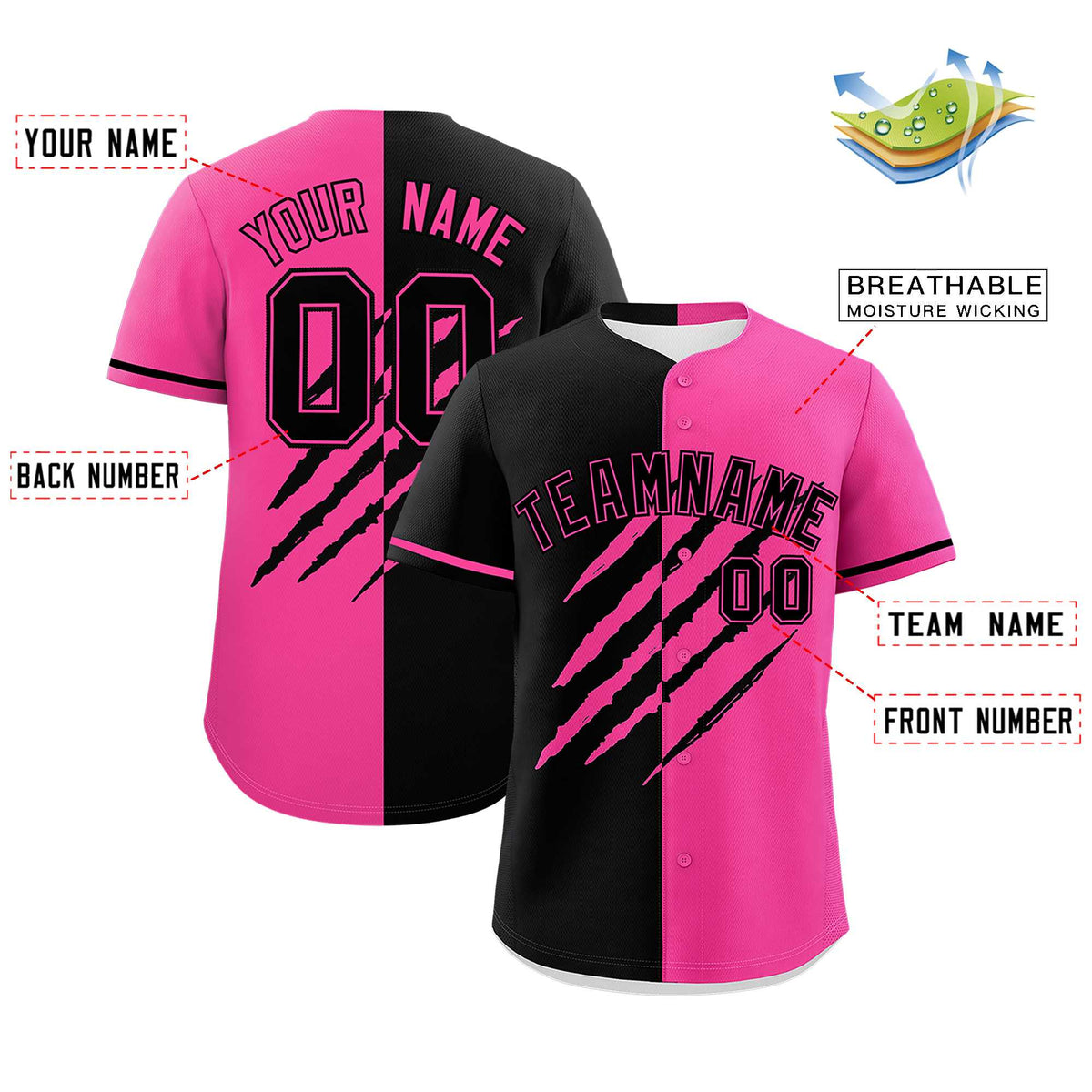 Custom Black Pink Split Tiger Claw Scratch Pattern Baseball Jersey