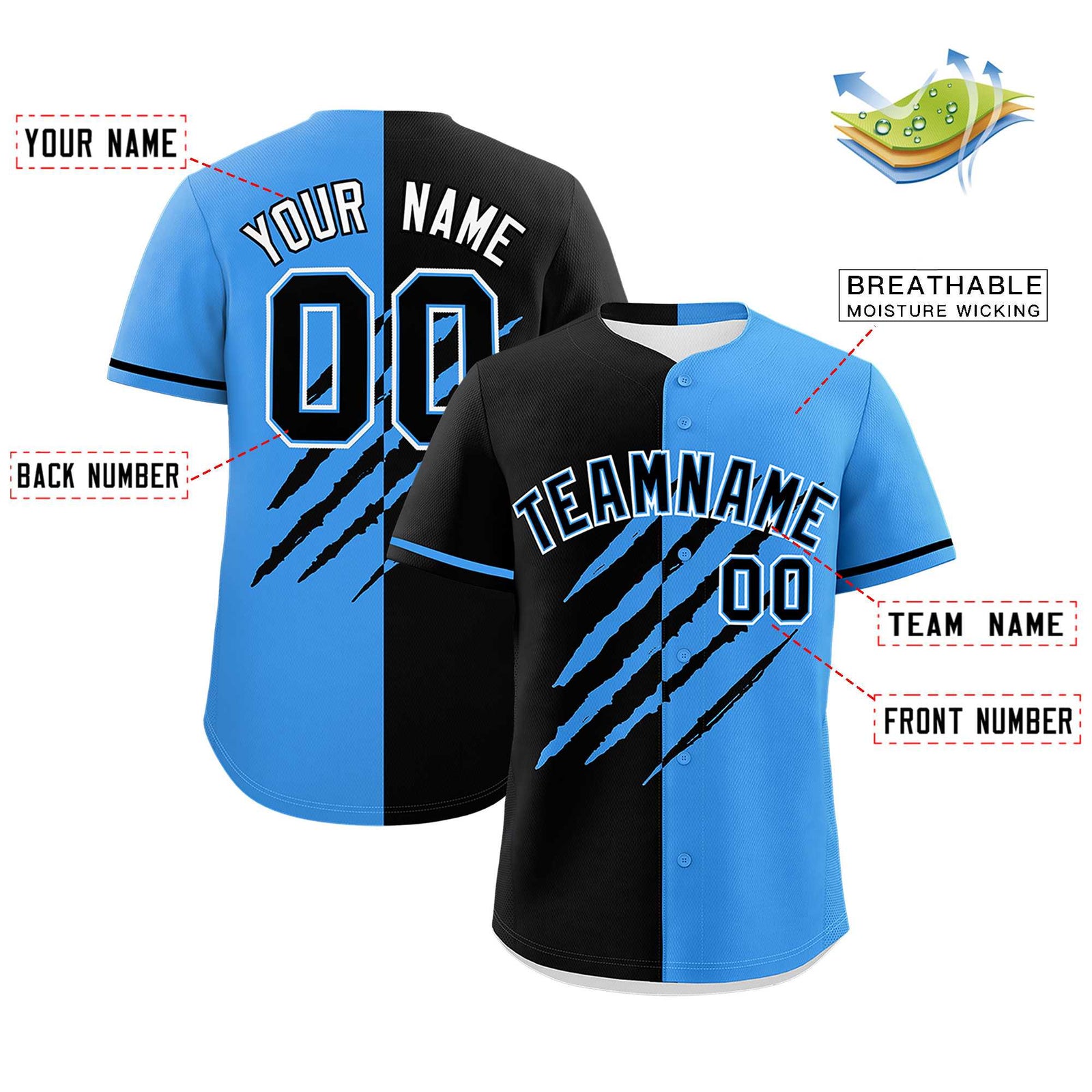 Custom Black Powder Blue Split Tiger Claw Scratch Pattern Baseball Jersey