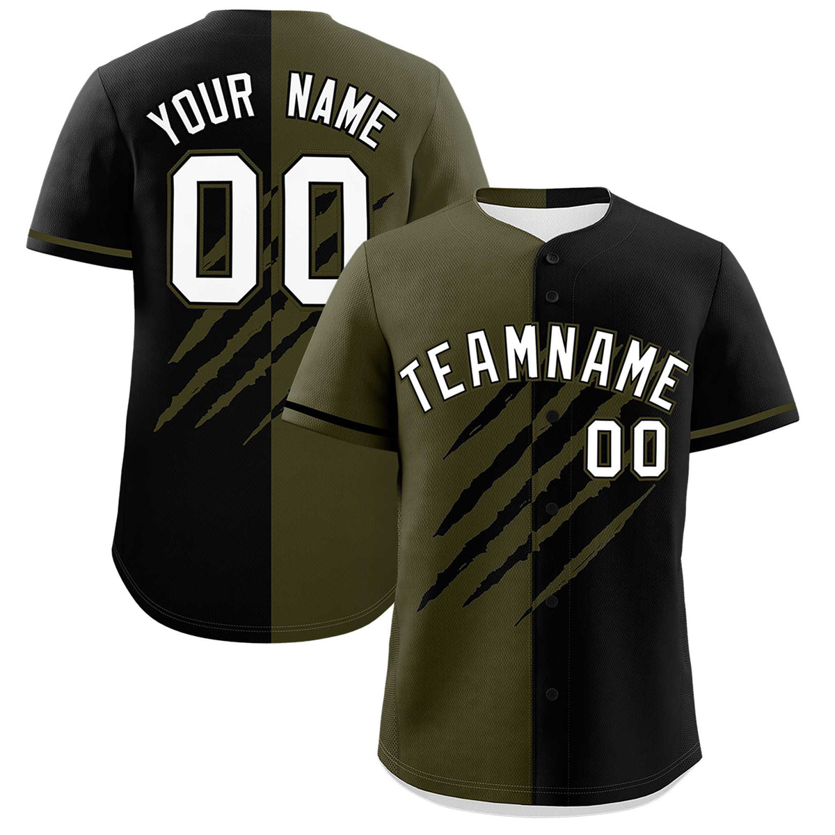 Custom Olive Black Split Tiger Claw Scratch Pattern Baseball Jersey