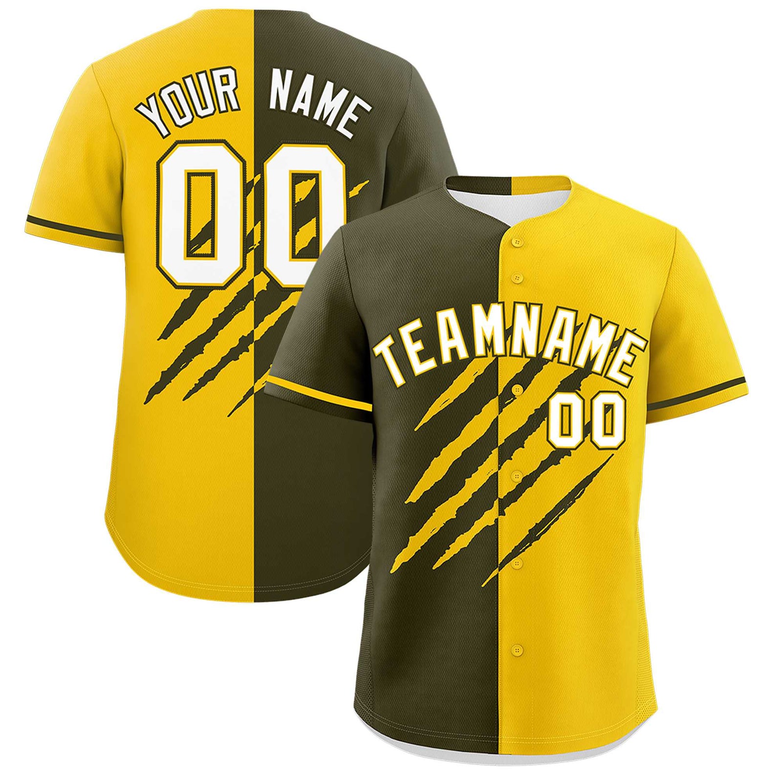 Custom Olive Gold Split Tiger Claw Scratch Pattern Baseball Jersey