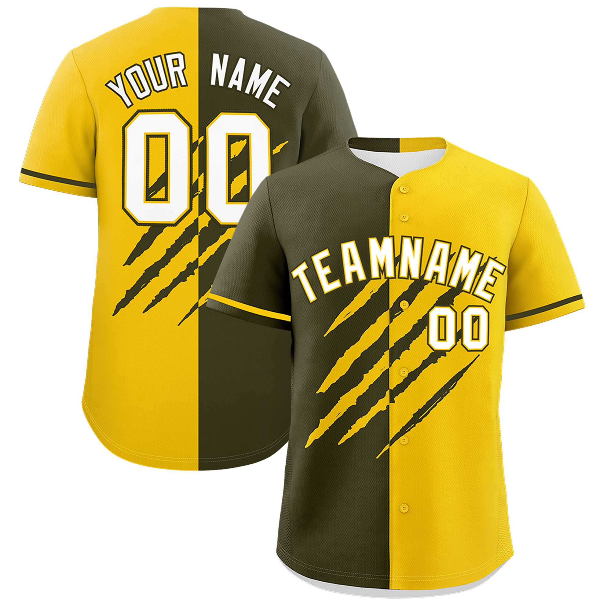 Custom Olive Gold Split Tiger Claw Scratch Pattern Baseball Jersey