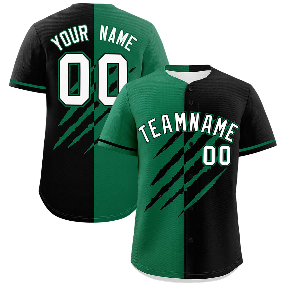 Custom Kelly Green Black Split Tiger Claw Scratch Pattern Baseball Jersey