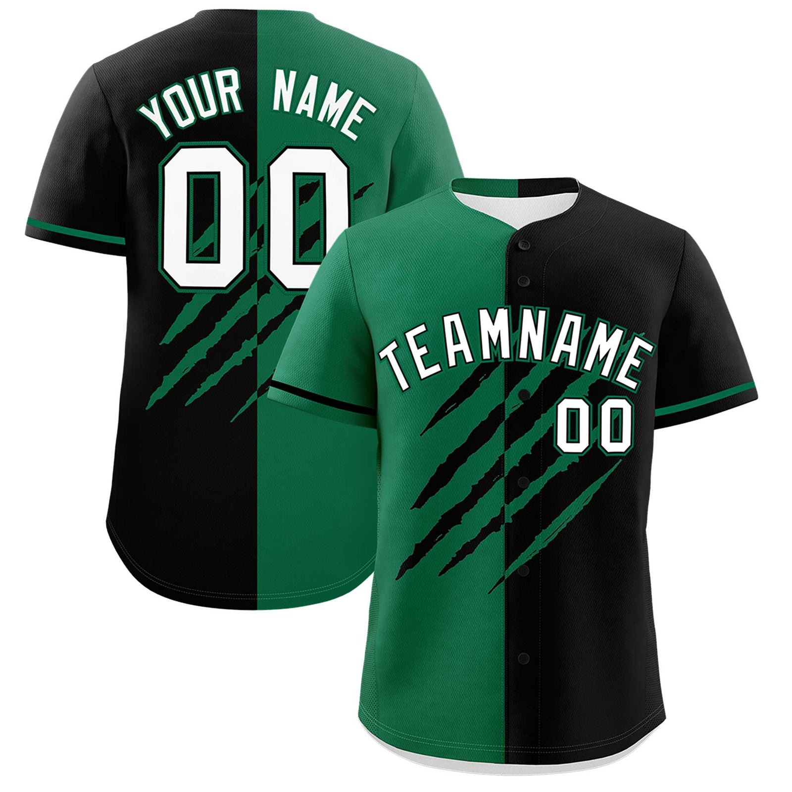 Custom Kelly Green Black Split Tiger Claw Scratch Pattern Baseball Jersey