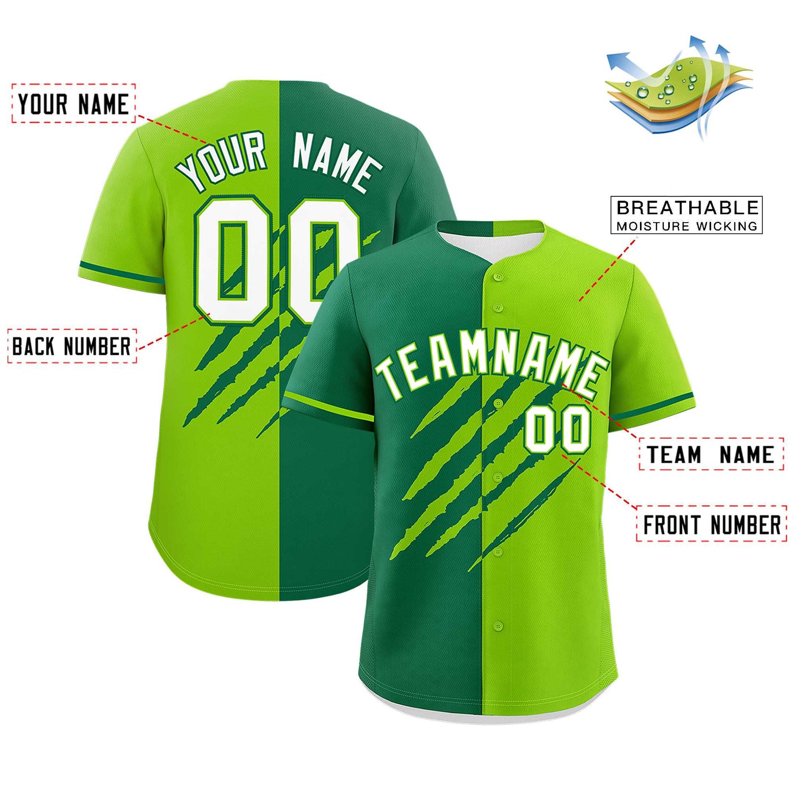 Custom Kelly Green Neon Green Split Tiger Claw Scratch Pattern Baseball Jersey