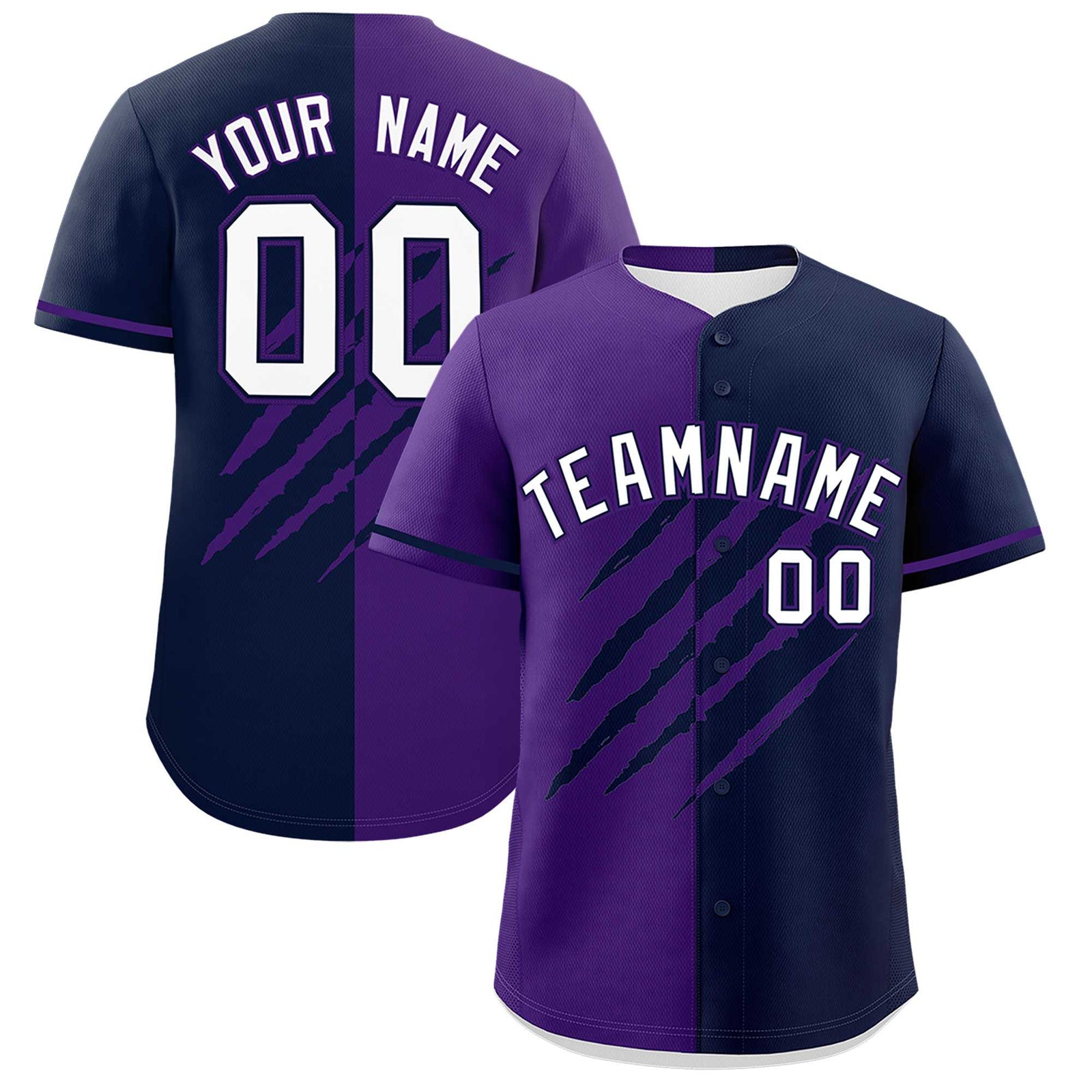 Custom Purple Navy Split Tiger Claw Scratch Pattern Baseball Jersey