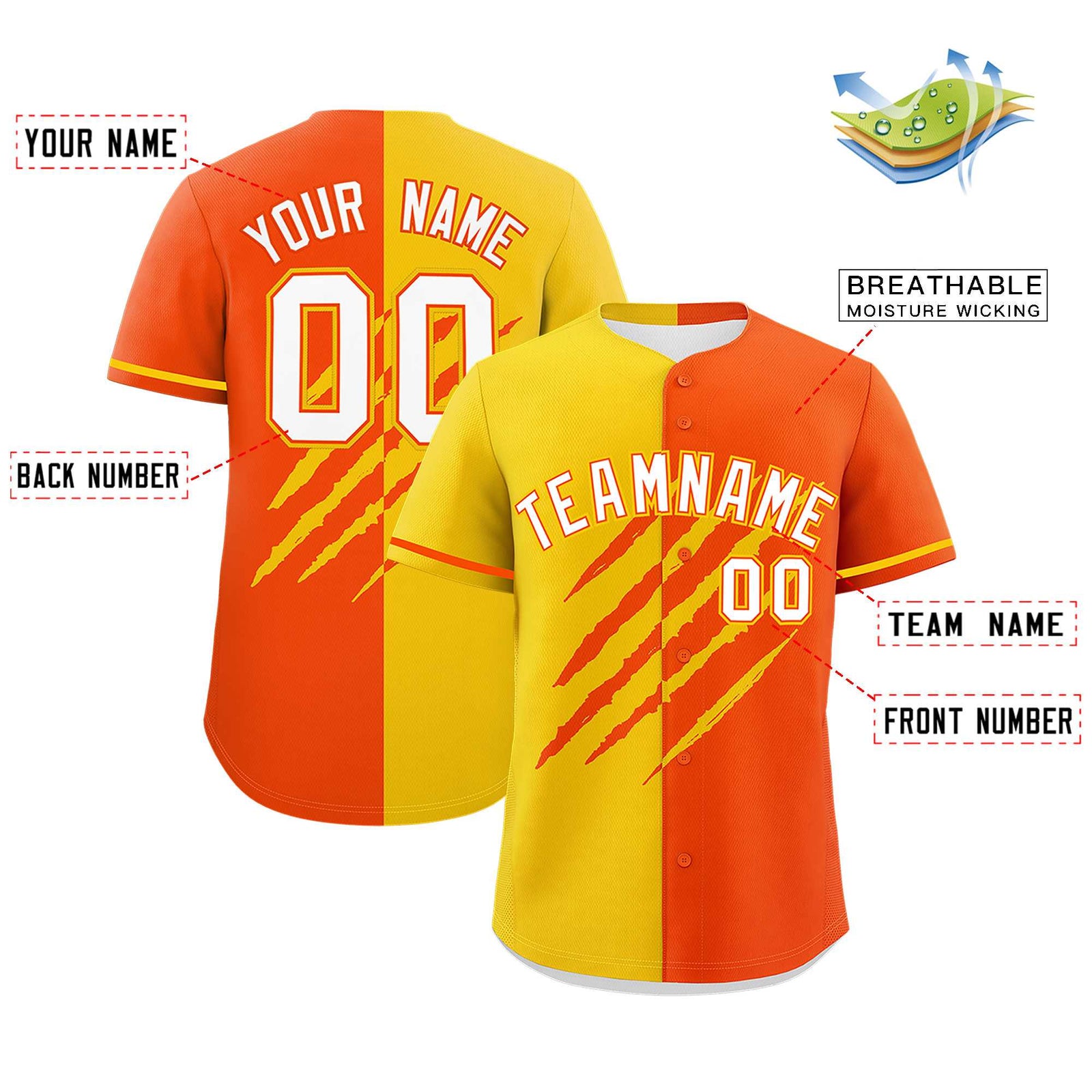 Custom Gold Orange Split Tiger Claw Scratch Pattern Baseball Jersey