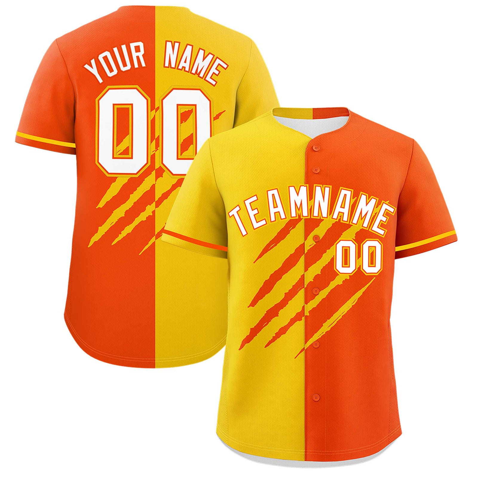 Custom Gold Orange Split Tiger Claw Scratch Pattern Baseball Jersey