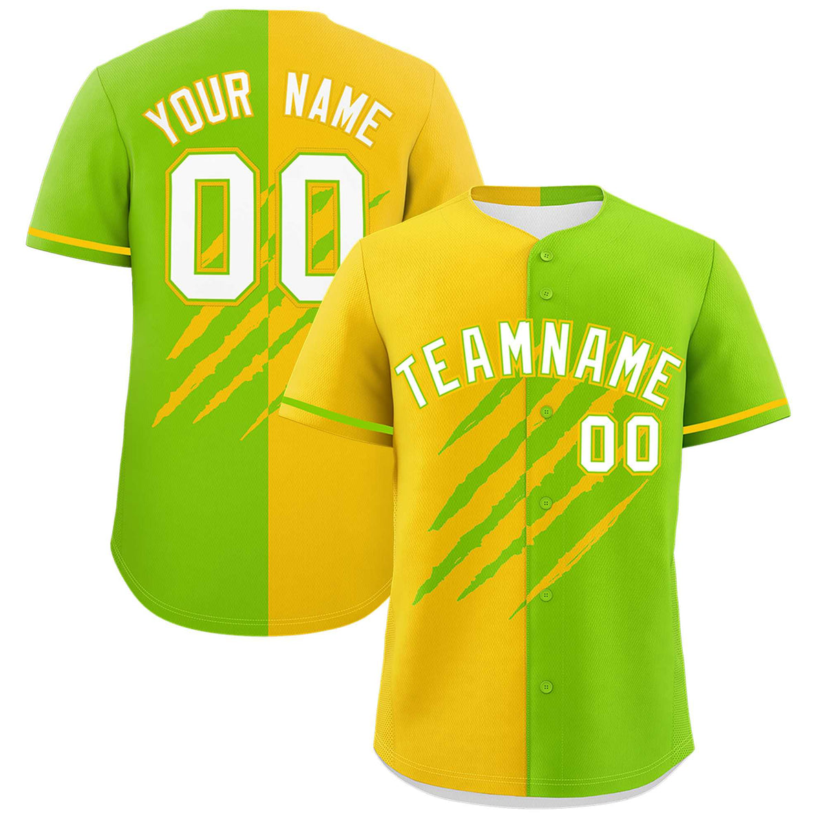 Custom Gold Neon Green Split Tiger Claw Scratch Pattern Baseball Jersey