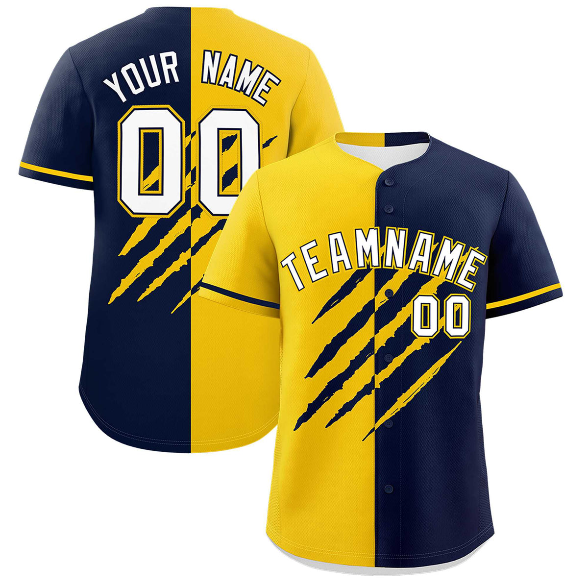 Custom Gold Navy Split Tiger Claw Scratch Pattern Baseball Jersey