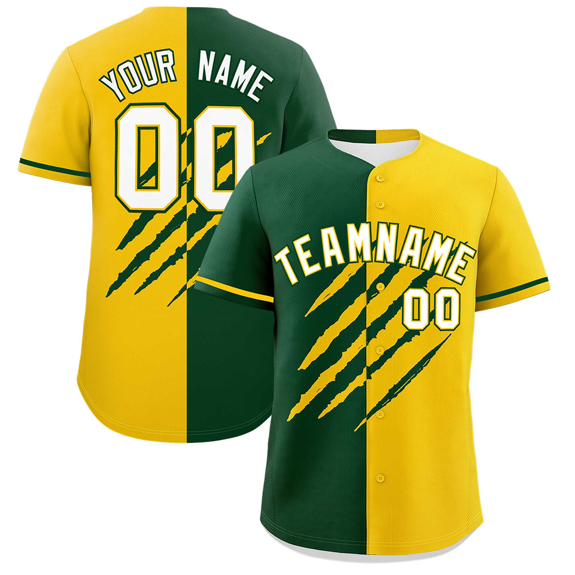 Custom Green Gold Split Tiger Claw Scratch Pattern Baseball Jersey