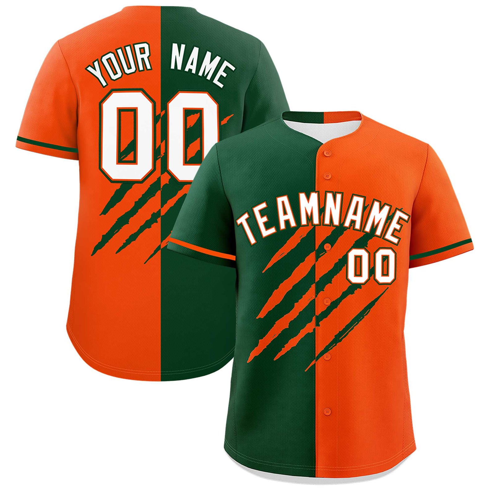 Custom Green Orange Split Tiger Claw Scratch Pattern Baseball Jersey