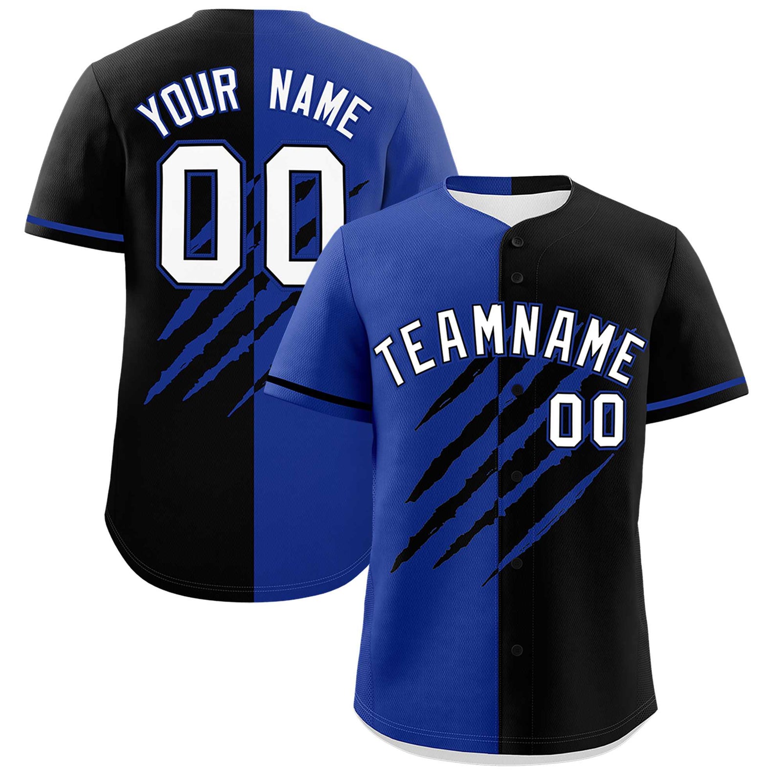 Custom Royal Blue Black Split Tiger Claw Scratch Pattern Baseball Jersey