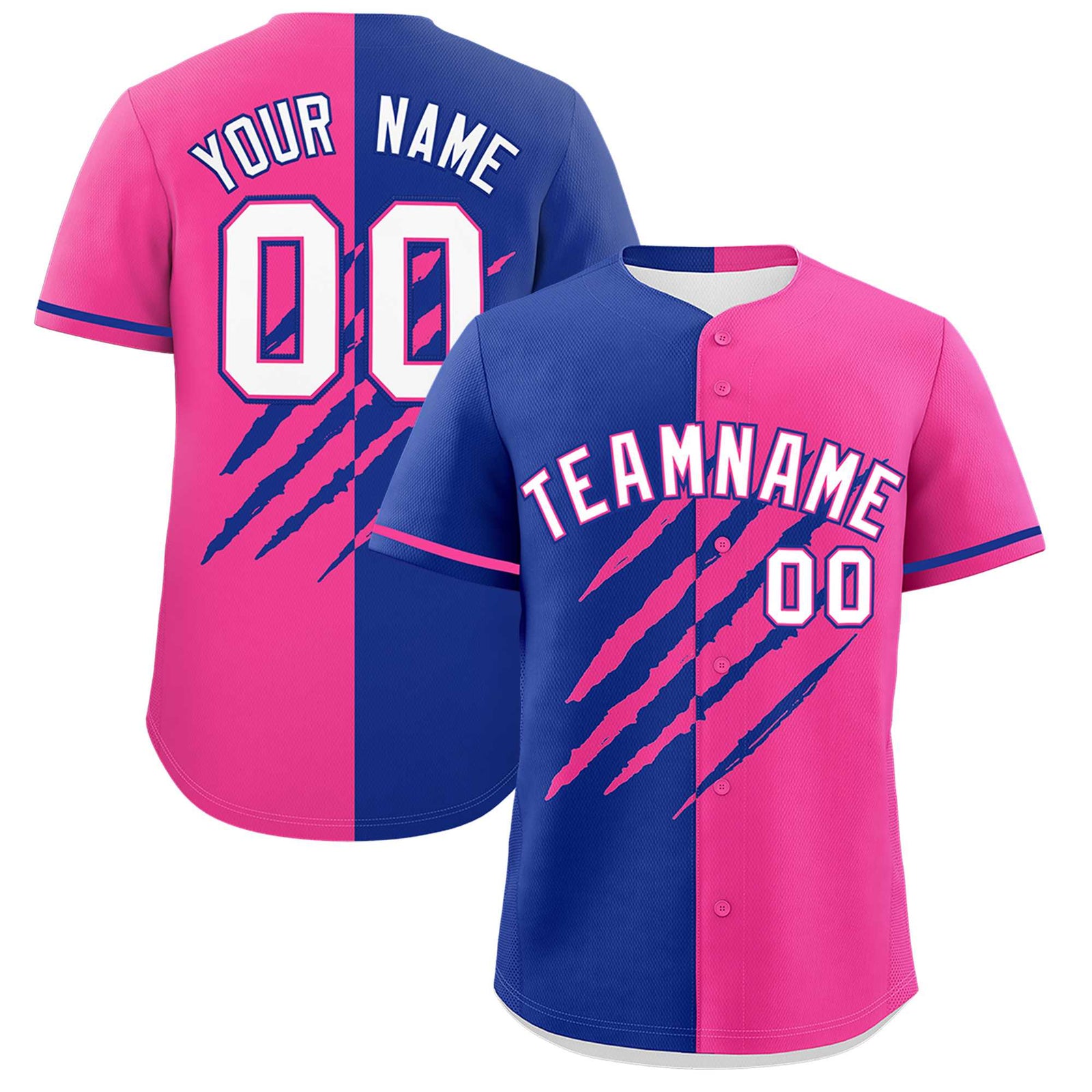 Custom Royal Blue Pink Split Tiger Claw Scratch Pattern Baseball Jersey