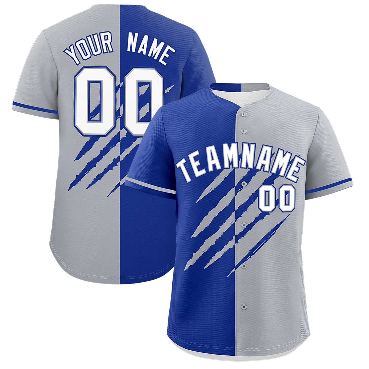 Custom Royal Blue Gray Split Tiger Claw Scratch Pattern Baseball Jersey