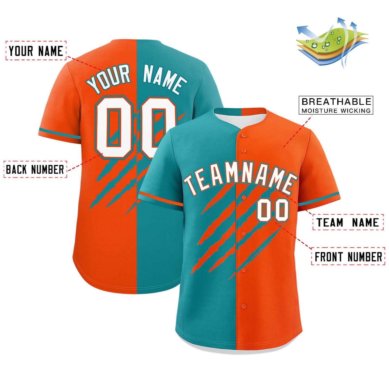 Custom Aqua Orange Split Tiger Claw Scratch Pattern Baseball Jersey