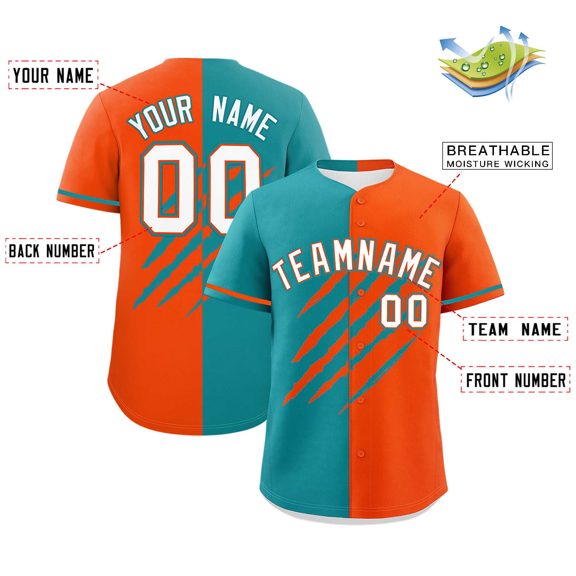 Custom Aqua Orange Split Tiger Claw Scratch Pattern Baseball Jersey