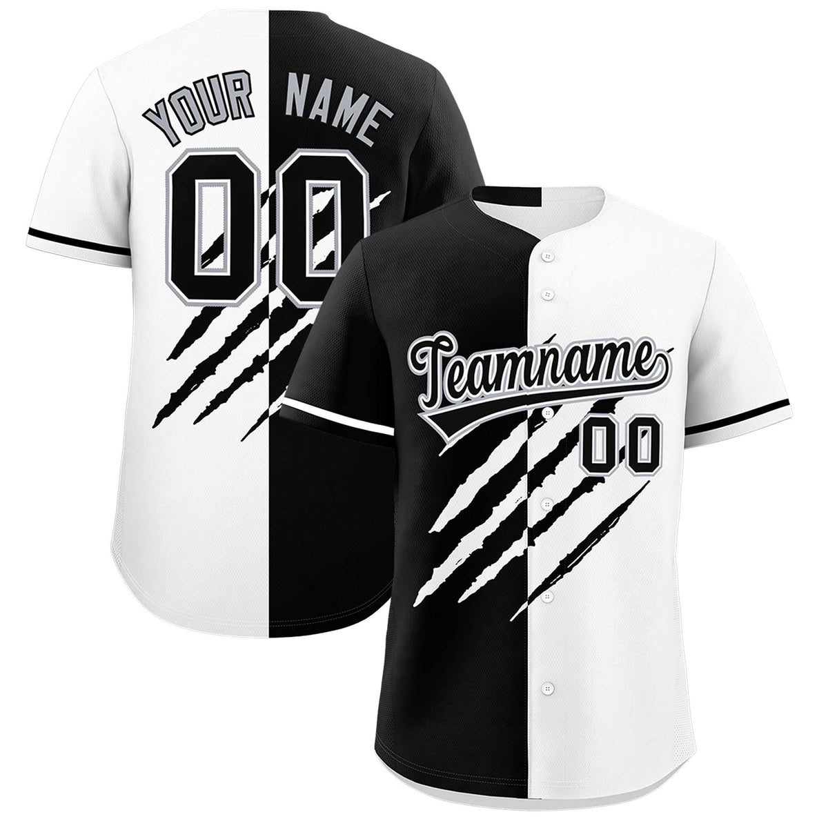 Custom Black White Split Tiger Claw Scratch Pattern Baseball Jersey