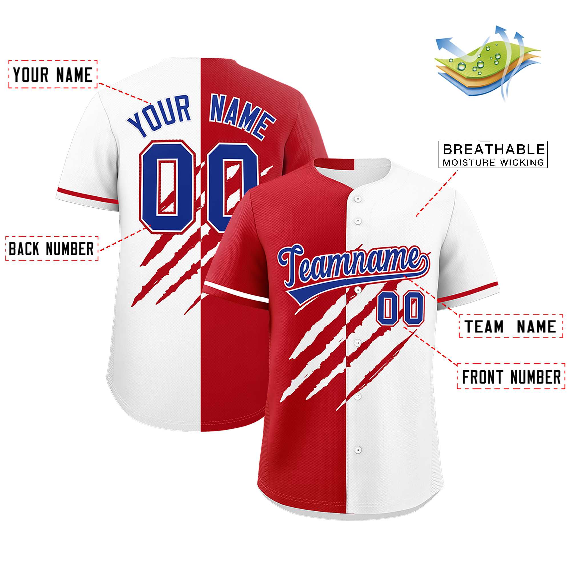 Custom Red White Split Tiger Claw Scratch Pattern Baseball Jersey